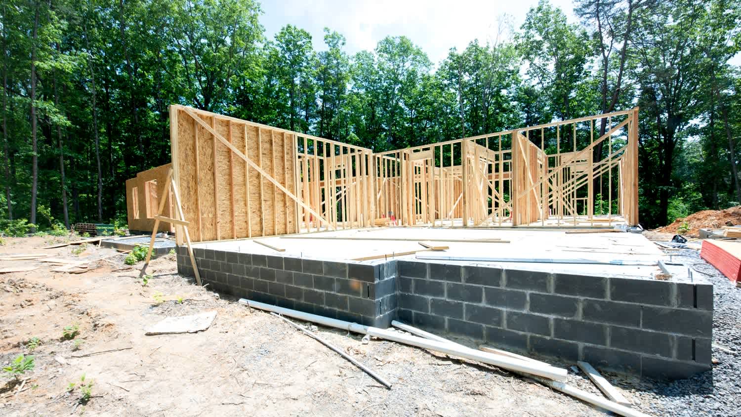 The foundation of a house built with concrete blocks