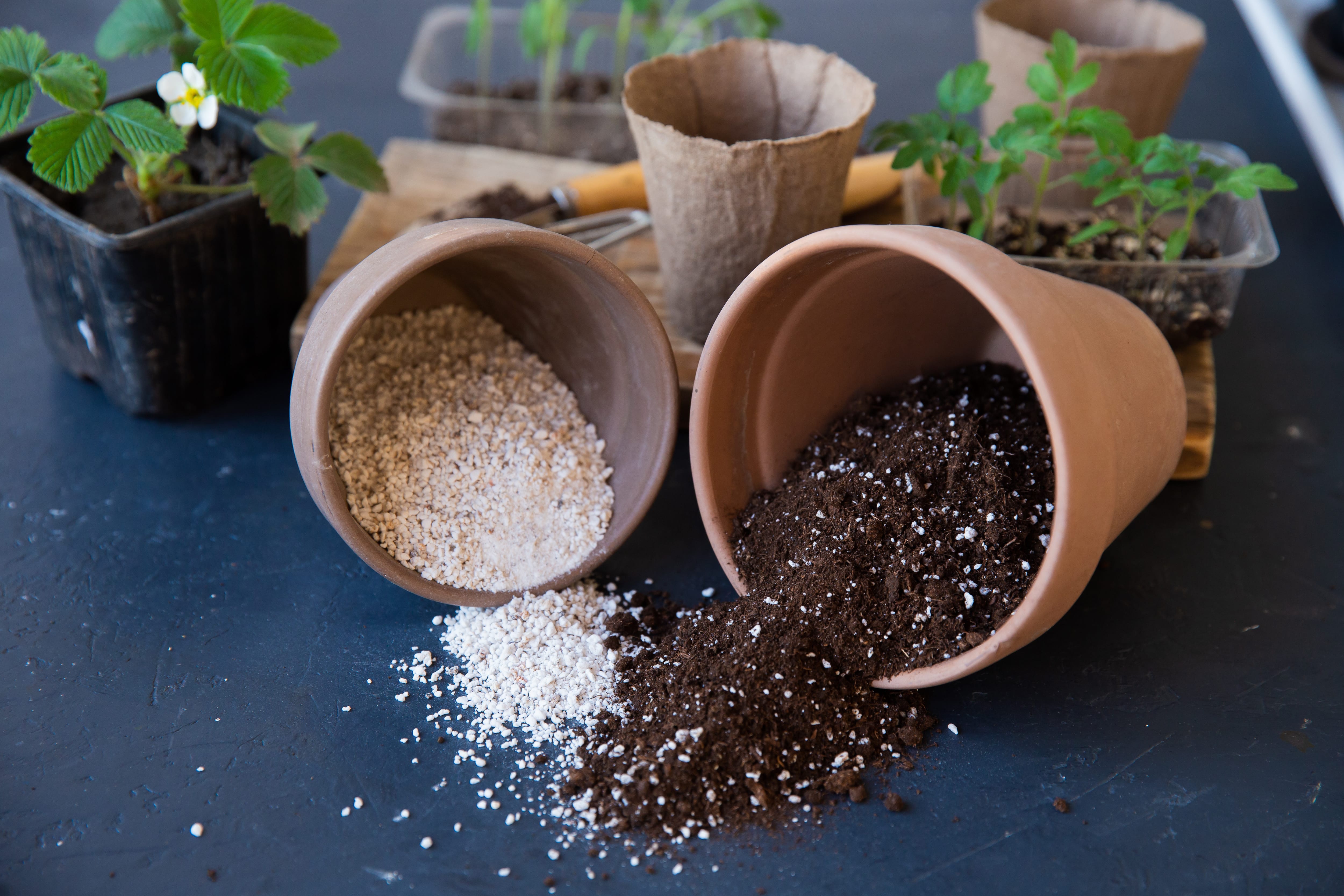 Mixture of perlite and vermiculite in gardening containers