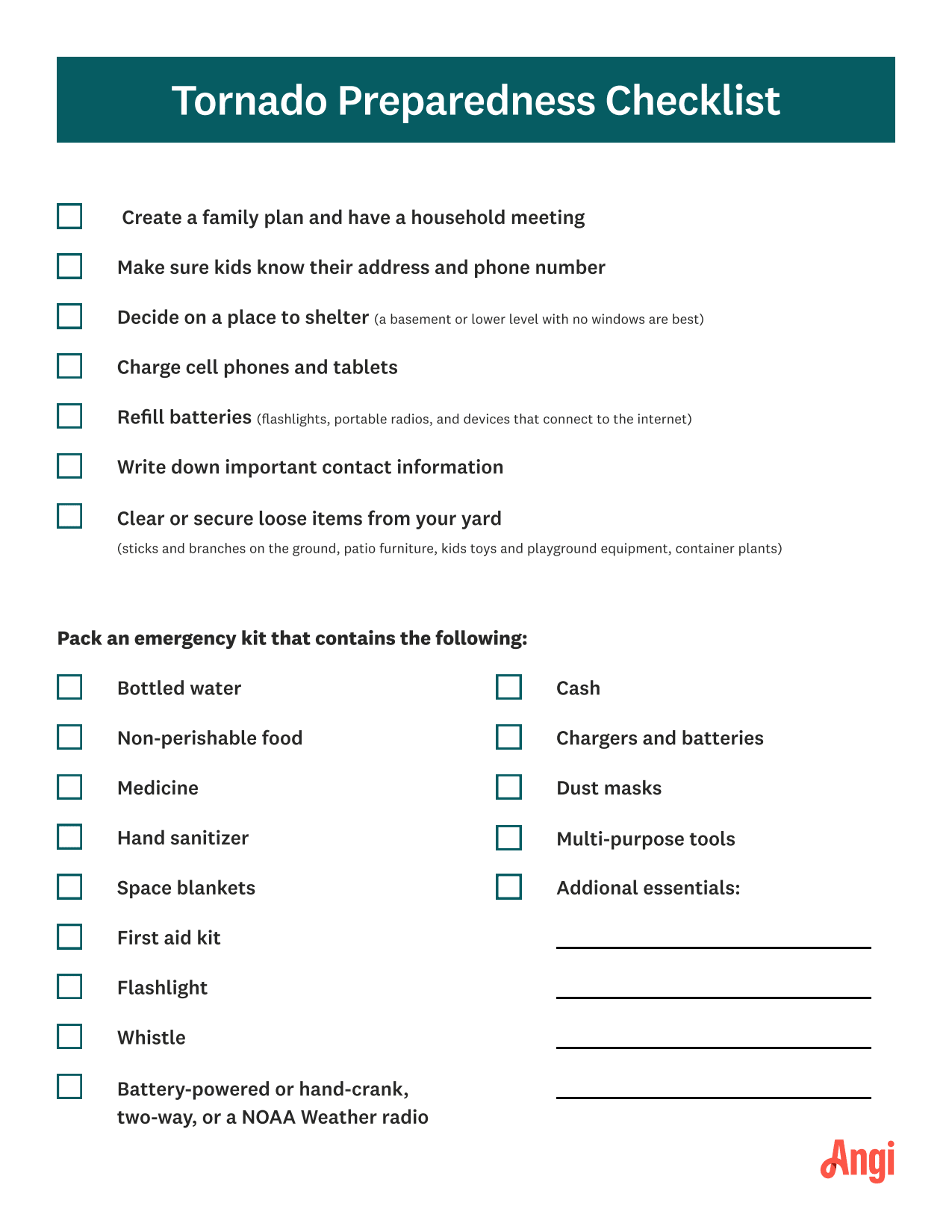 Checklist to prepare your plan and items to have on hand when sheltering from a tornado