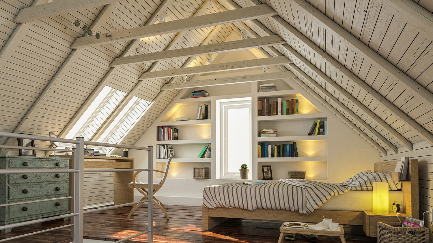 Attic bedroom white wood