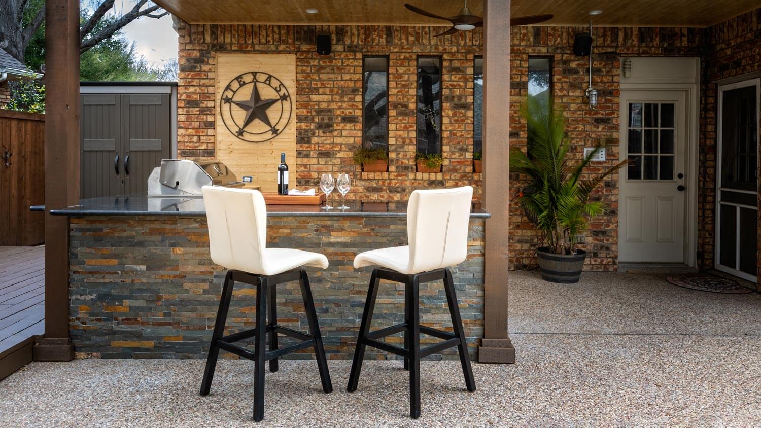 A modern kitchen with a patio bar