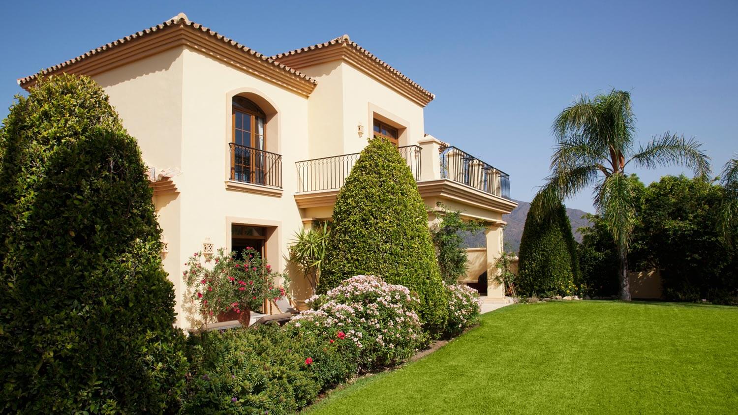 A stucco siding beautiful villa with a landscaped garden and a palm tree