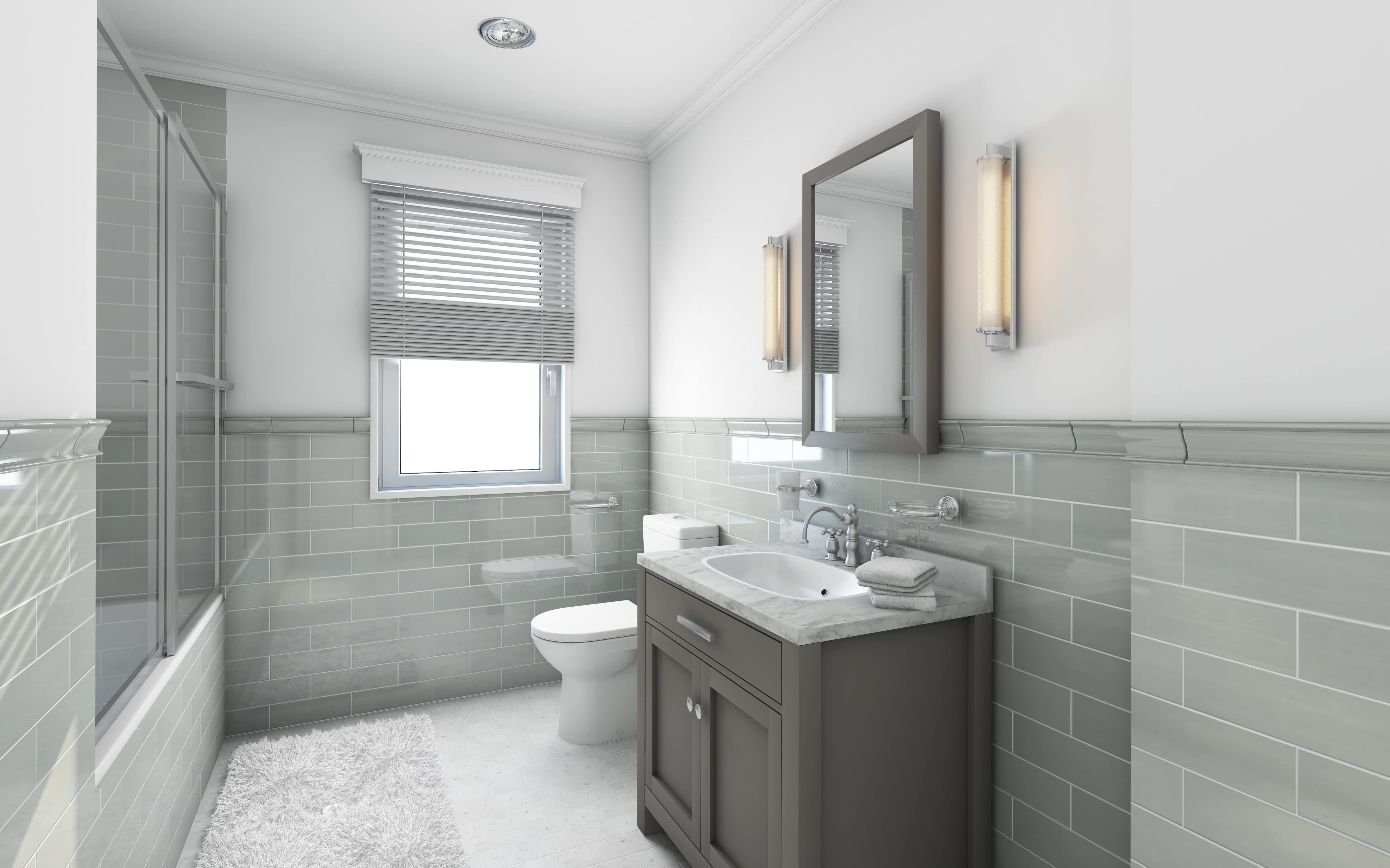 Modern bathroom with gray subway tile, white floors, a large rectangular mirror, and a gray vanity