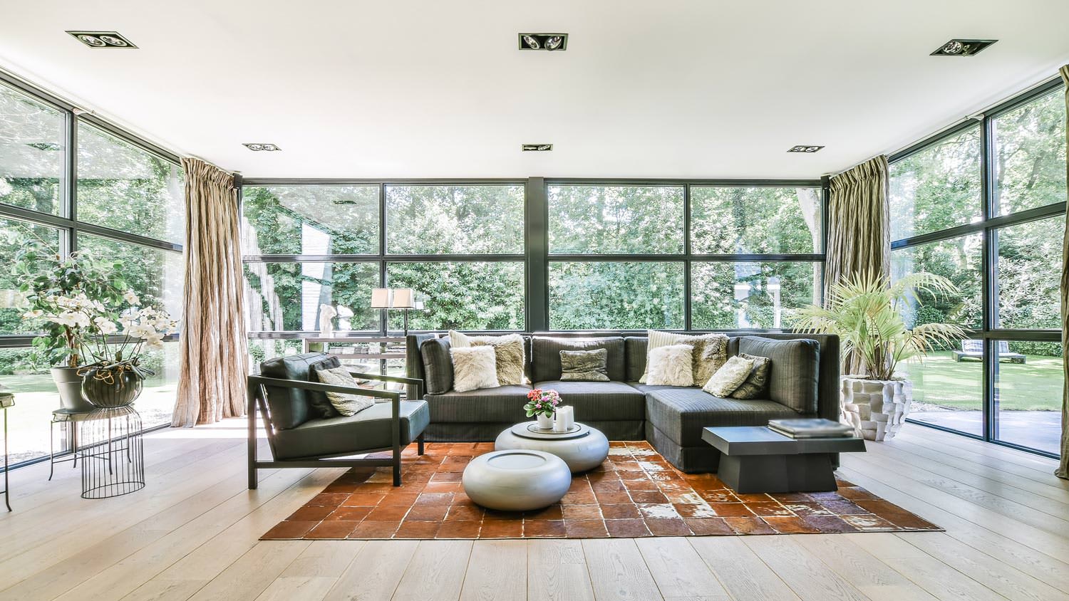 A spacious living room with large windows