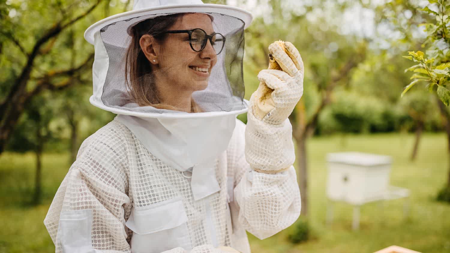 A beekeeper with bees and honeycomb