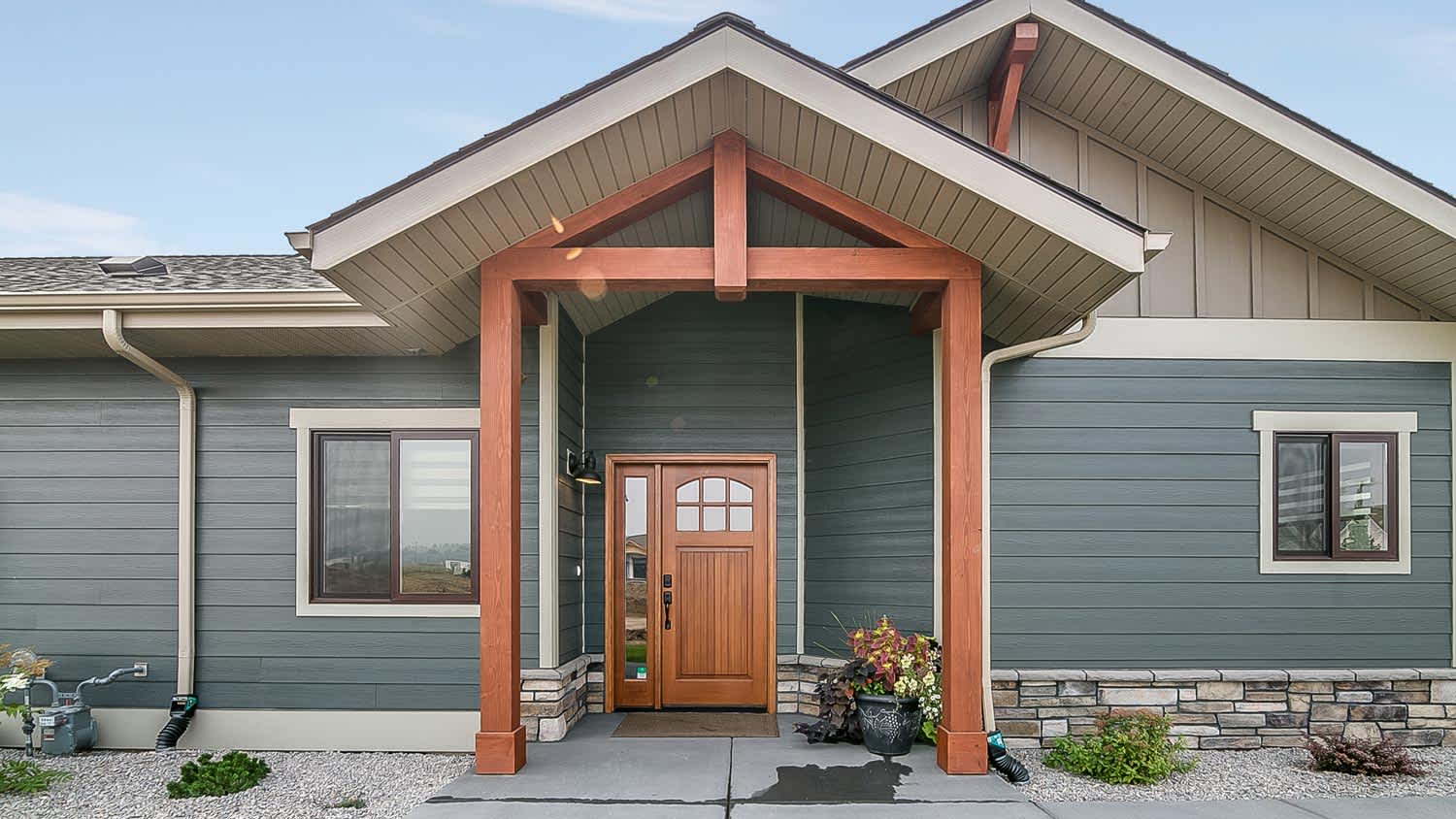 Blue and brown exterior of a house