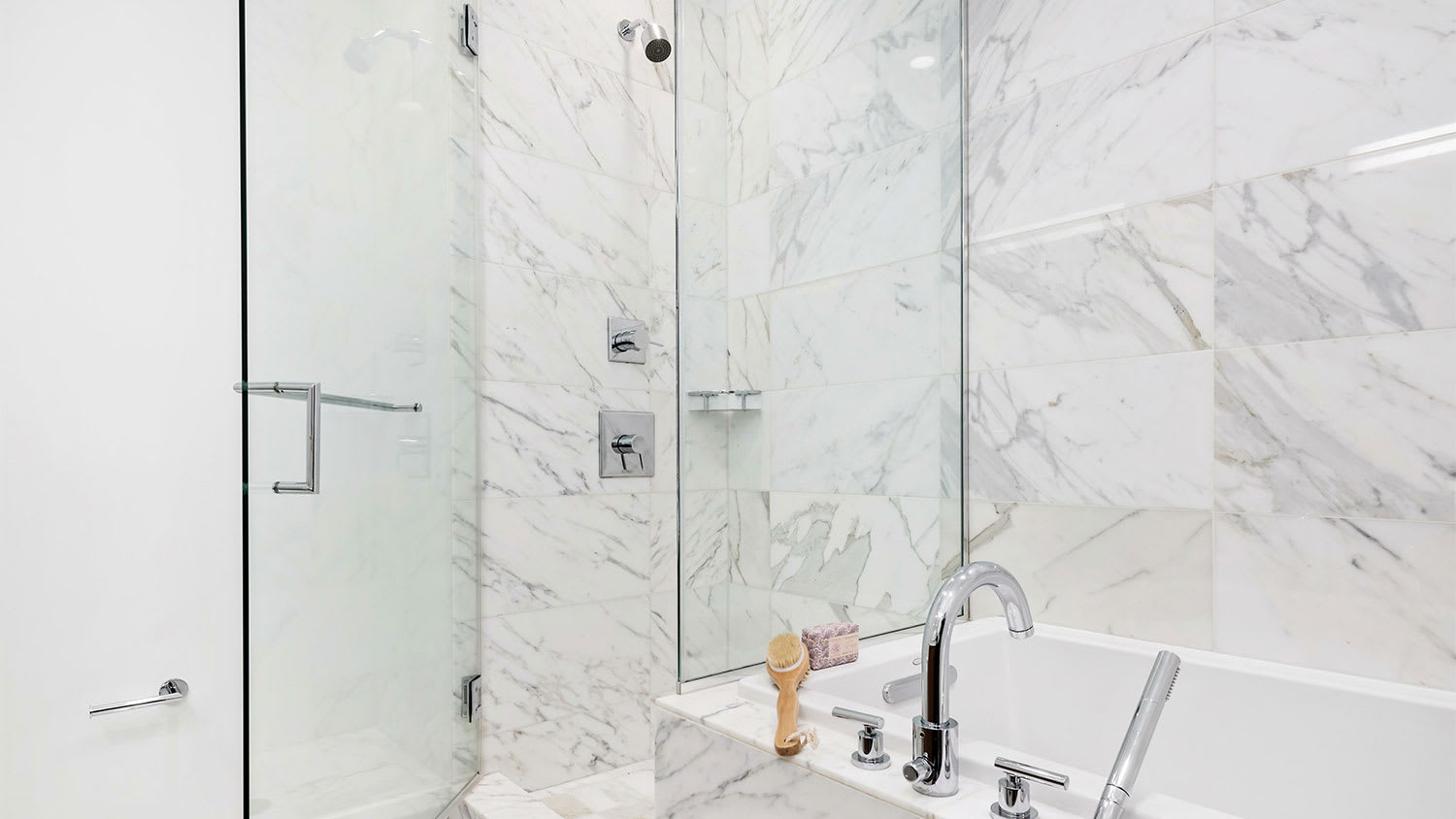 A view of a marble shower
