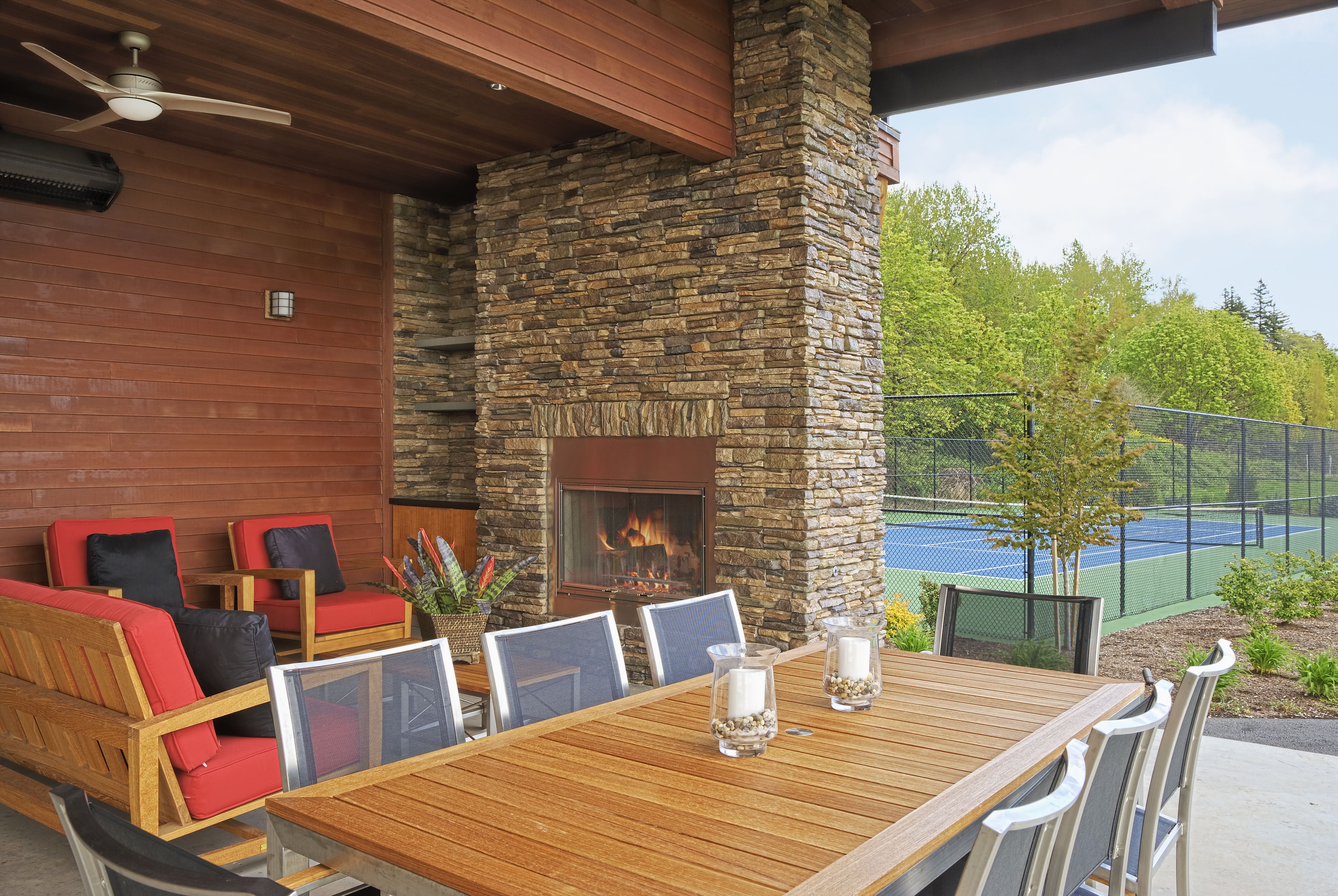 Outdoor fireplace in covered porch