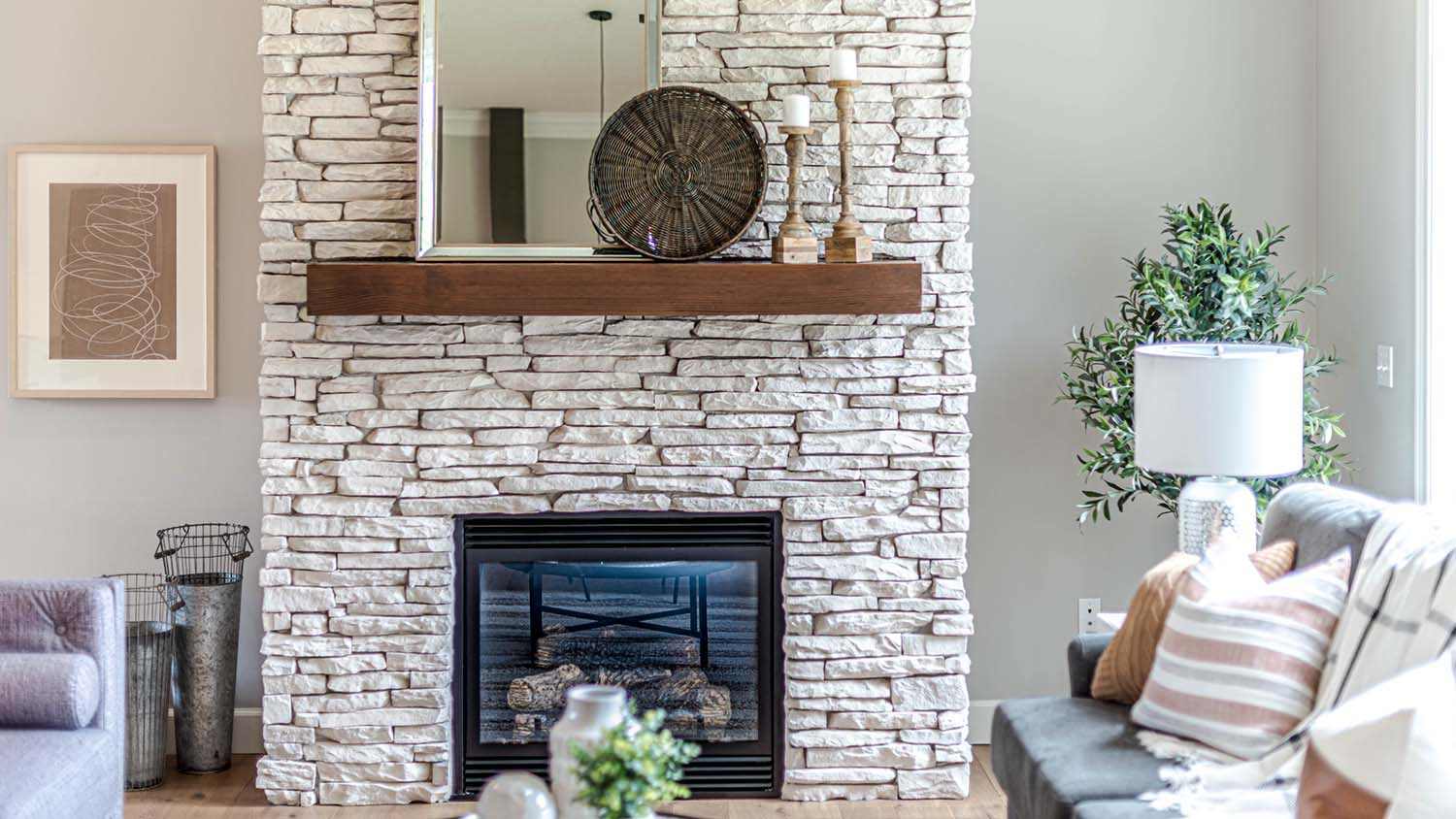 stacked stone fireplace