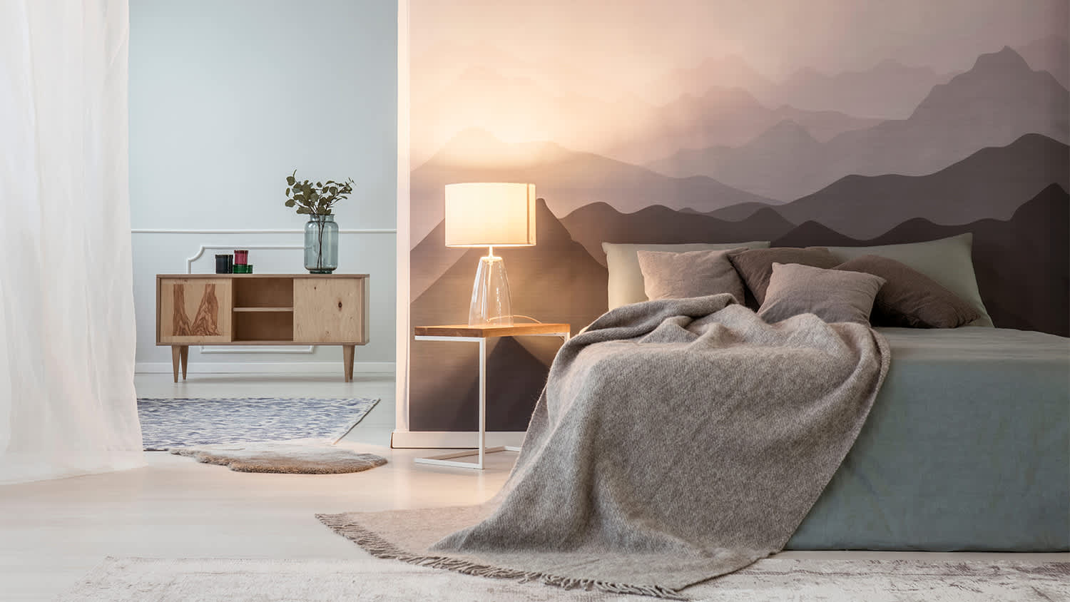 gradient mountain wallpaper in bedroom