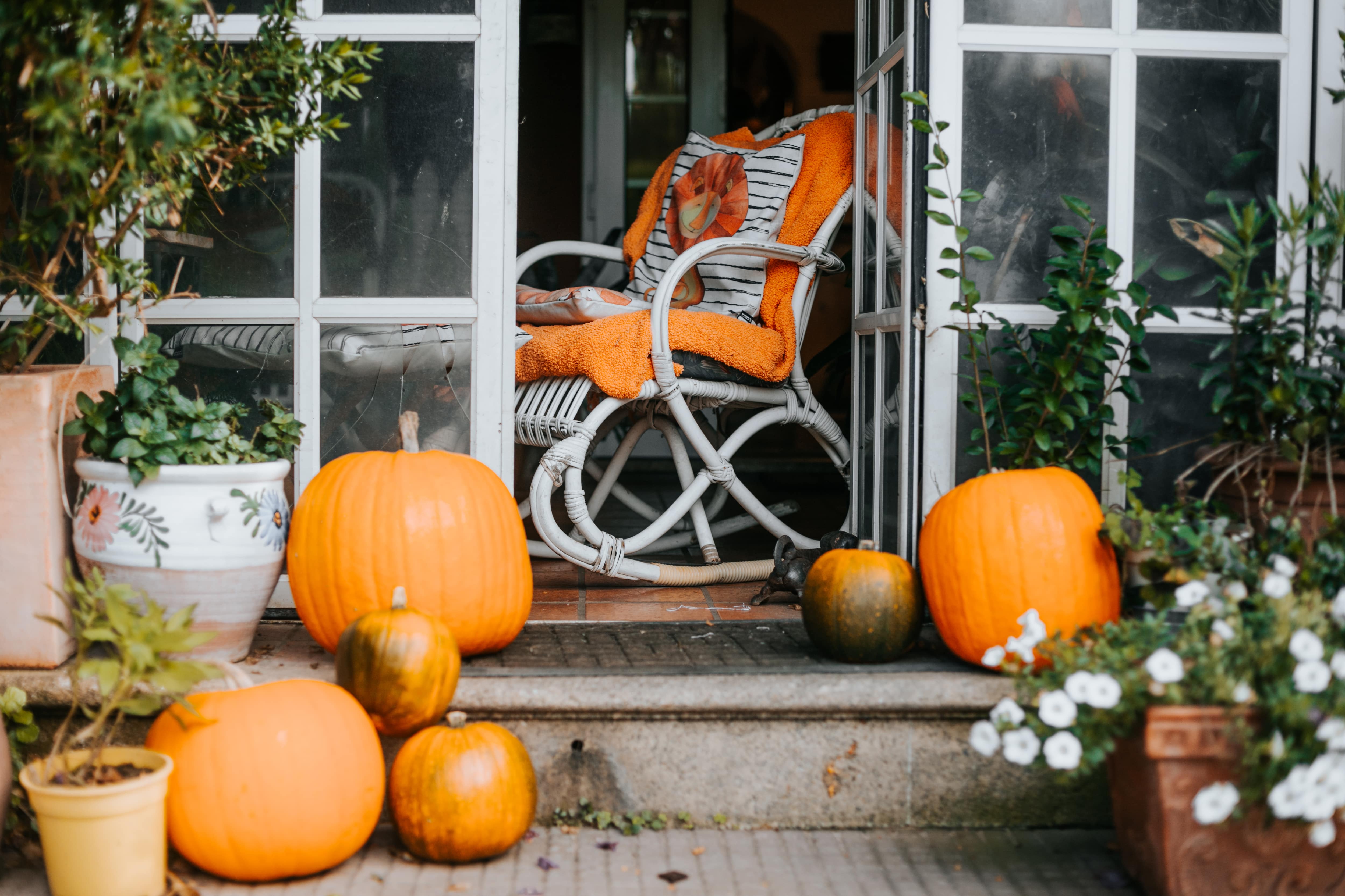 Front porch decorated for fall with pumpkins lining the stairs