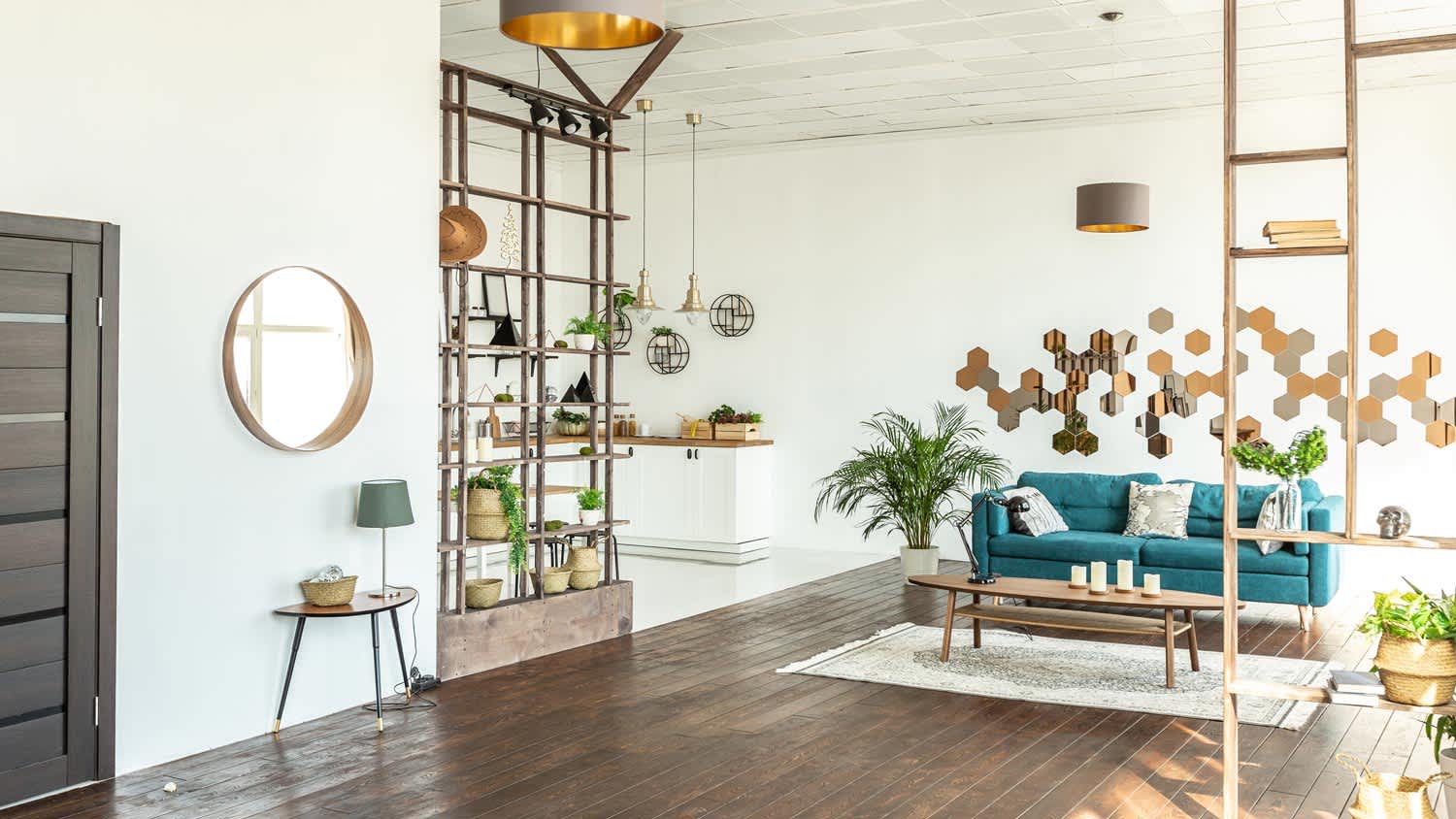 An open-floor plan of the living room and the kitchen area