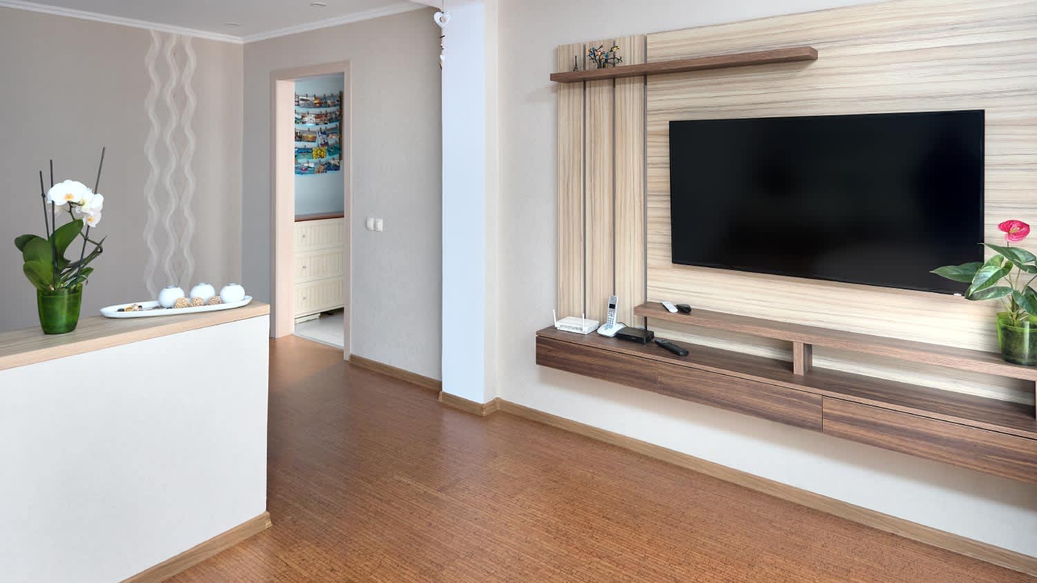 Modern apartment living room with large TV
