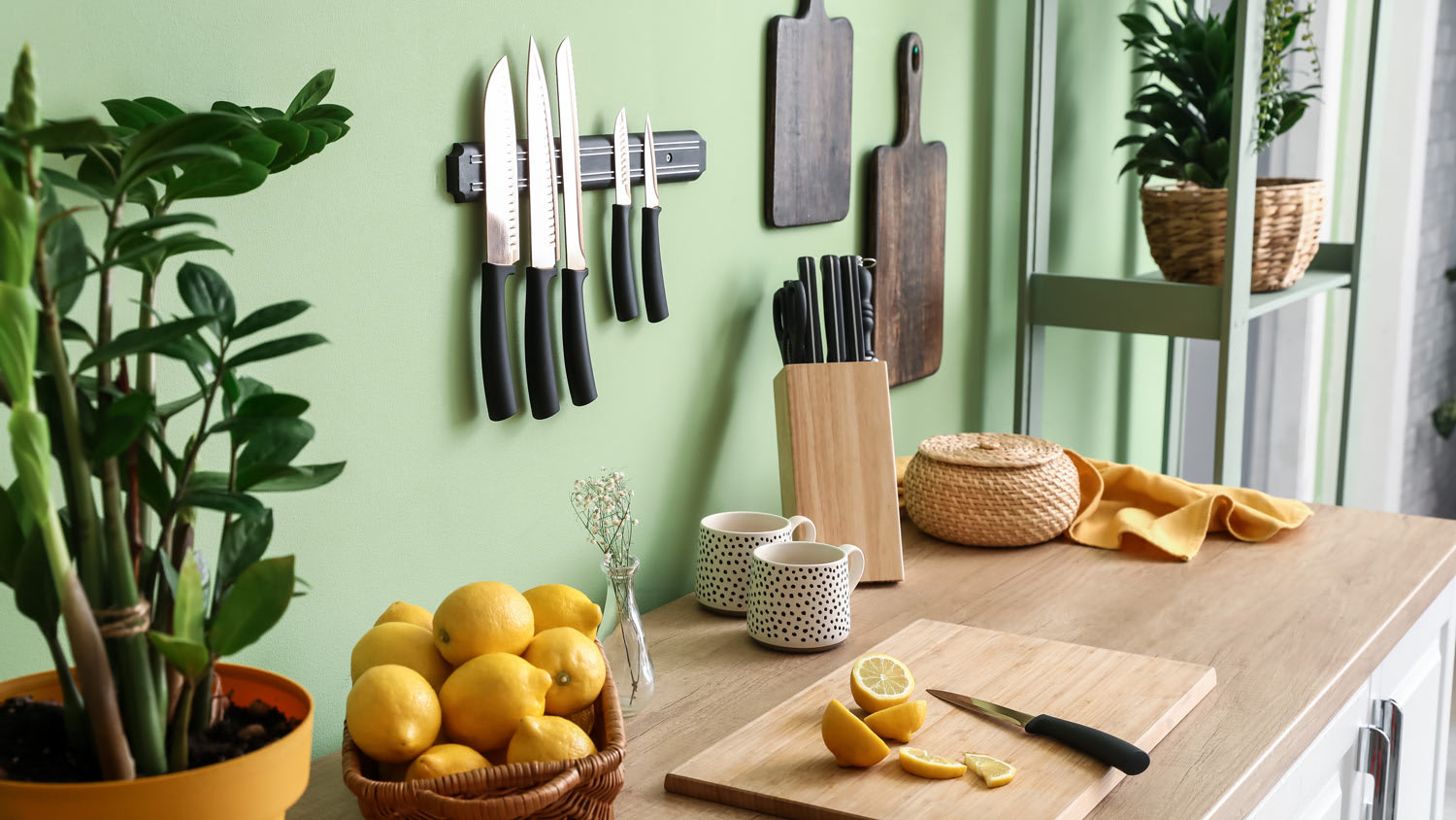 Magnetic knife holder in kitchen