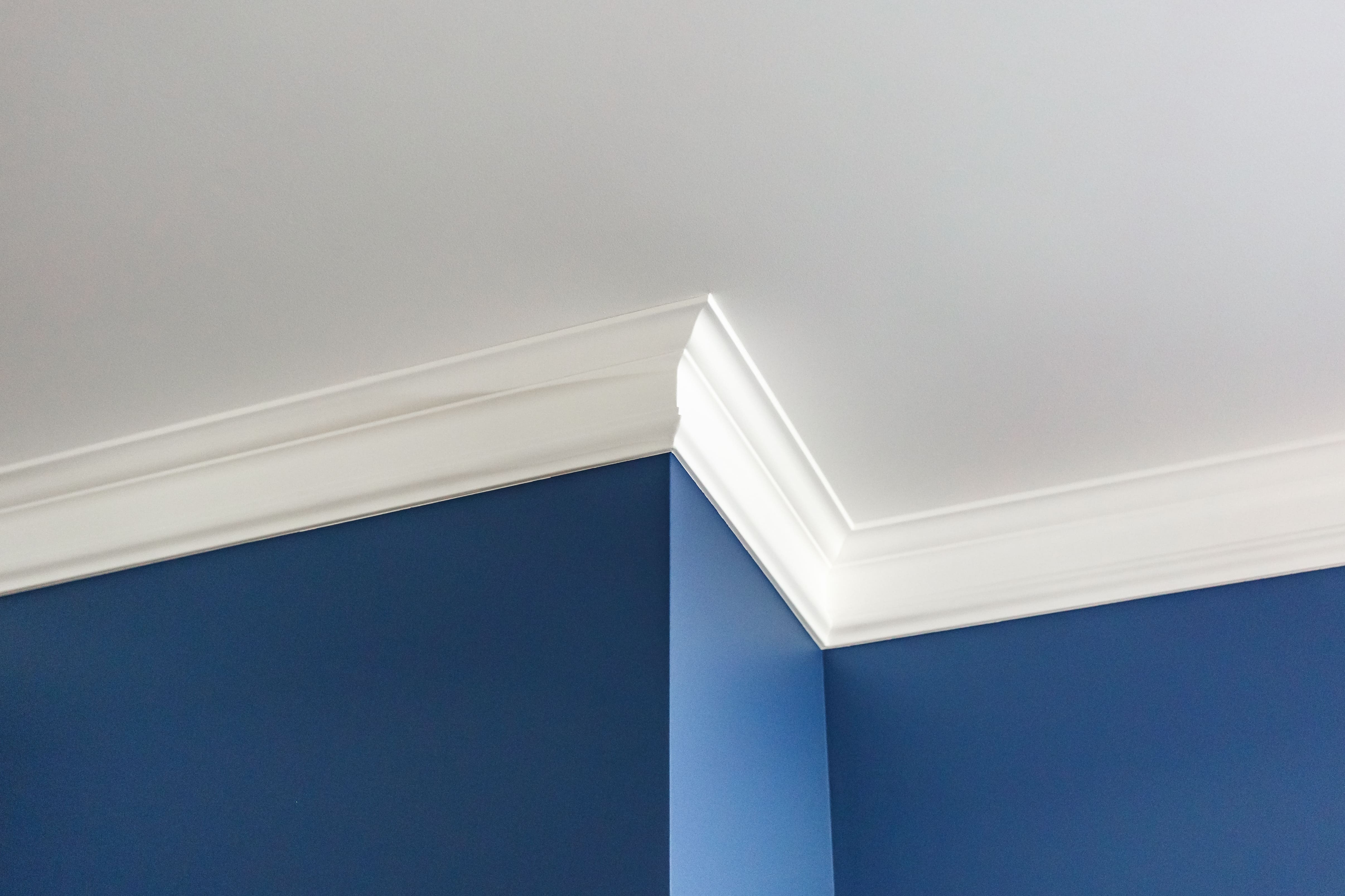 A bright blue wall is connected to the ceiling with white crown molding