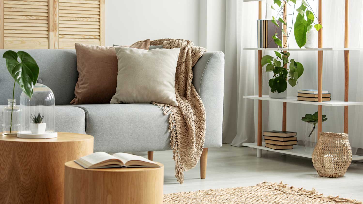 Cozy sofa with pillows and blanket