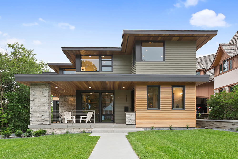 Modern home with stone and natural materials siding