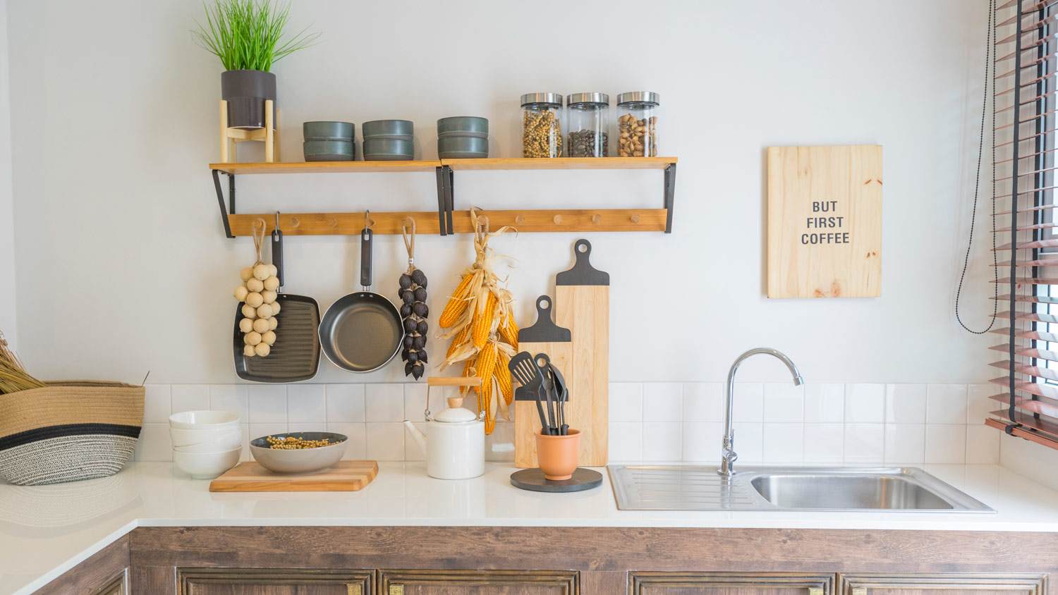 A rustic kitchen with open shelving