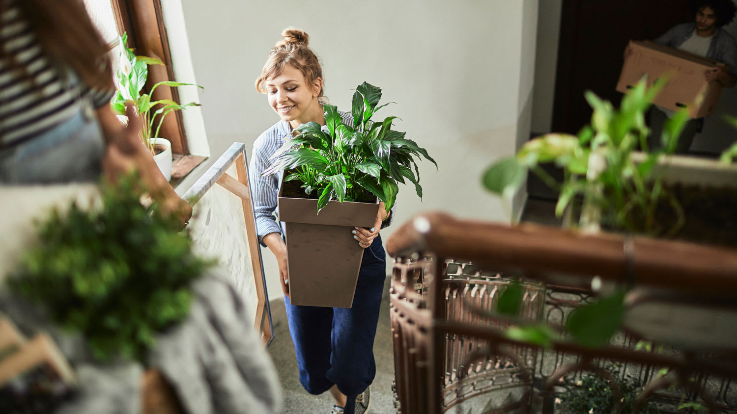 A young woman moving plants from the stairs
