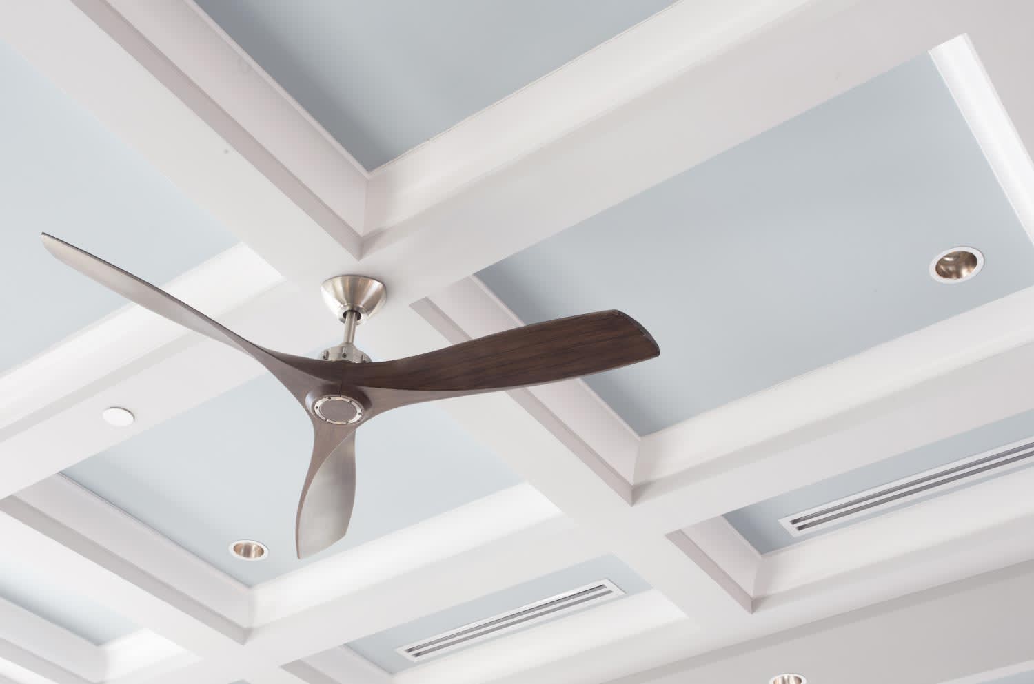 Ceiling fan hanging from coffered ceiling