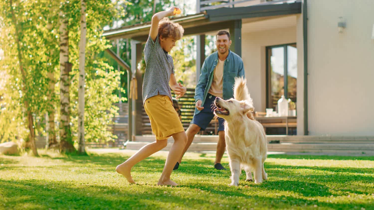 Father and son playing with their dog