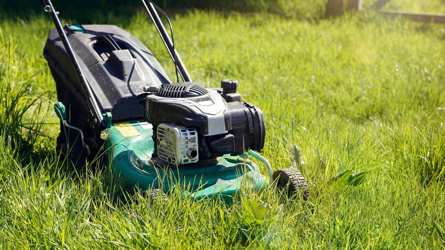 A lawn mower mowing long grass in a garden