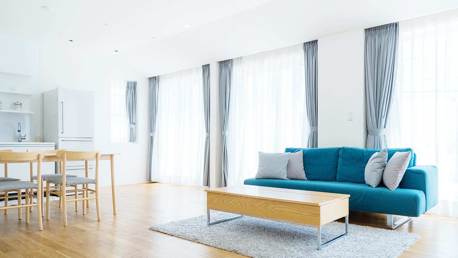 Blue curtains in apartment