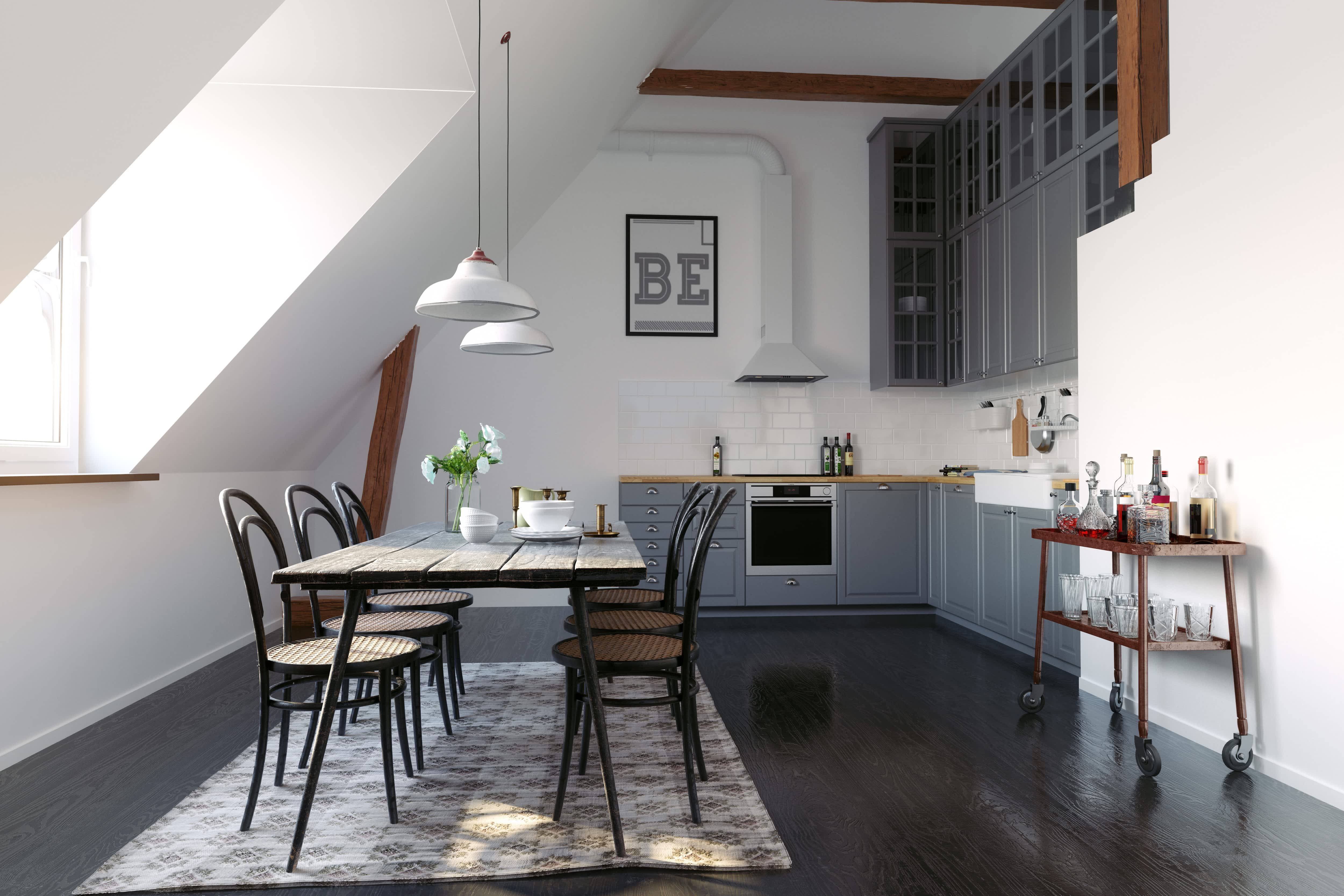A modern black-and-white kitchen with gray cabinets