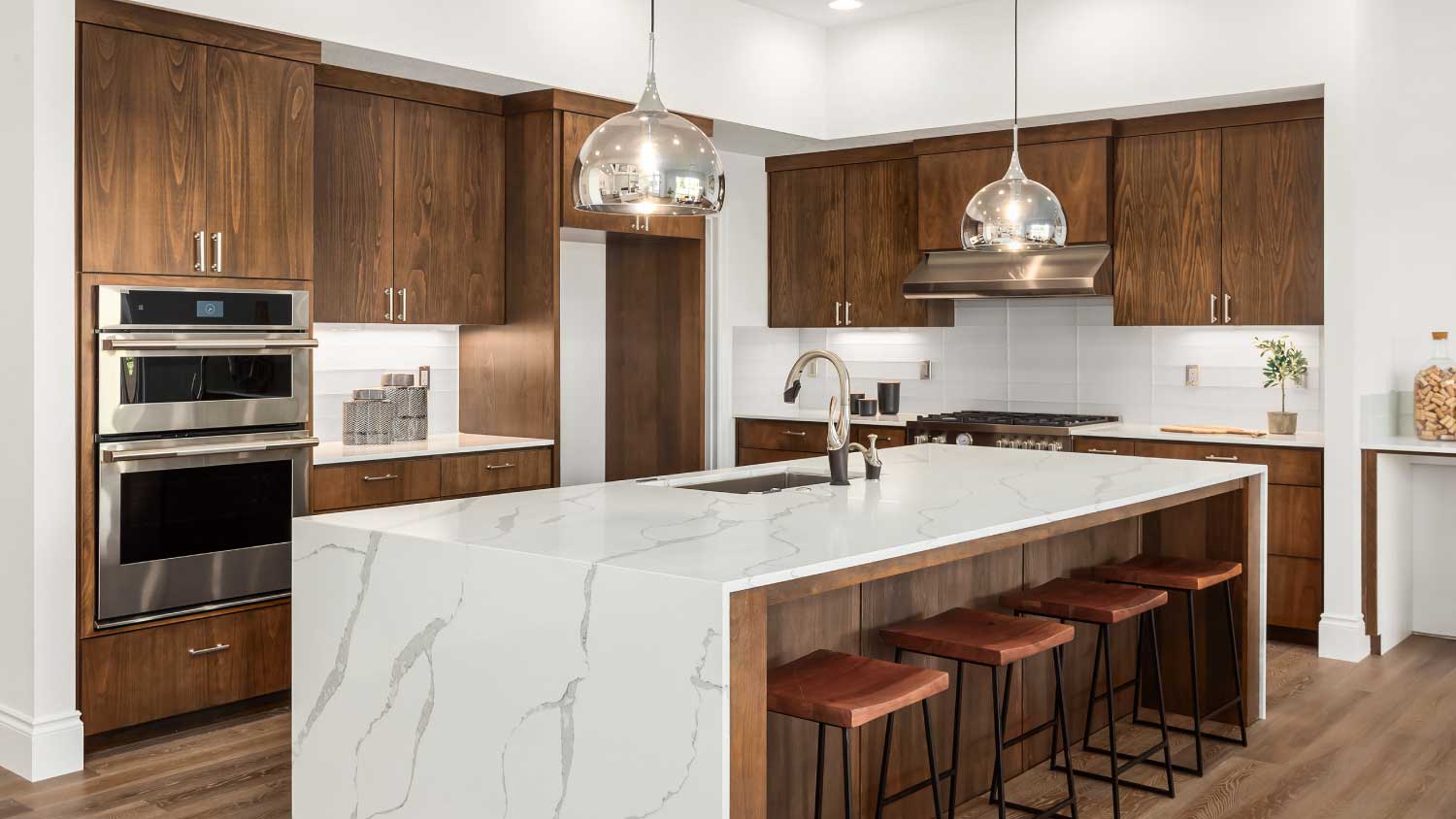 kitchen with large marble island