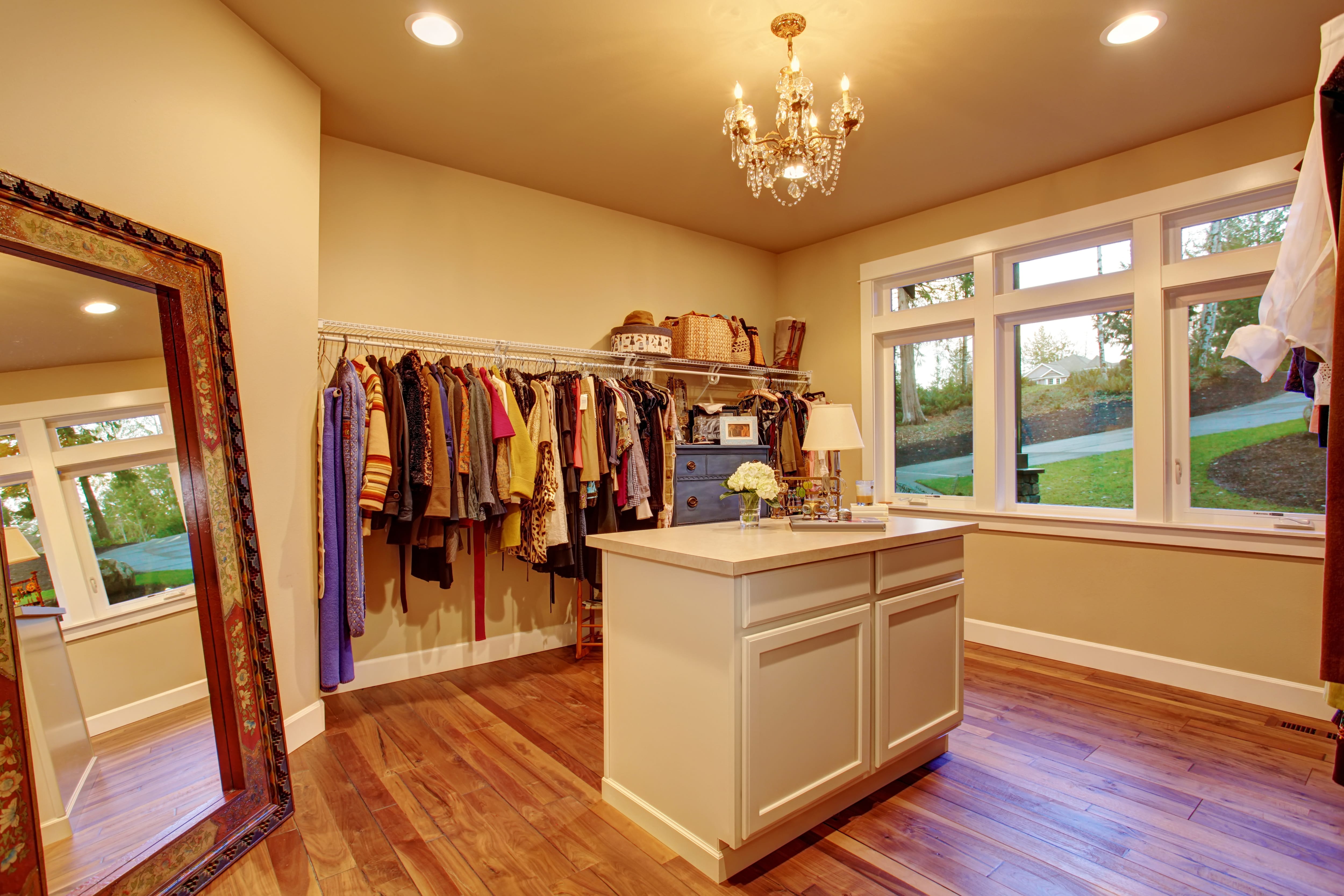 Walk-in closet with hardwood floors and a large mirror