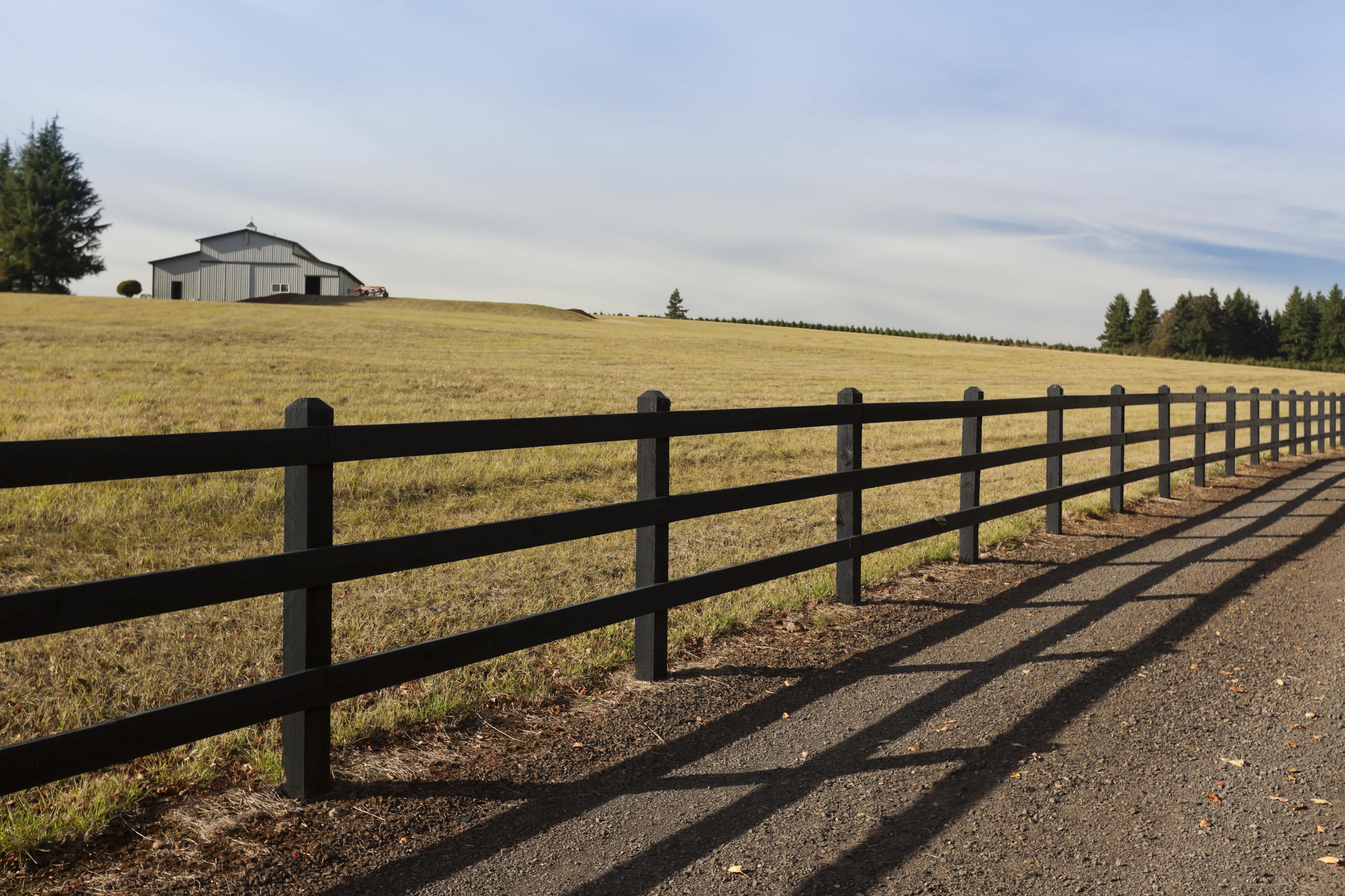 Post-and-rail fence enclosing large property