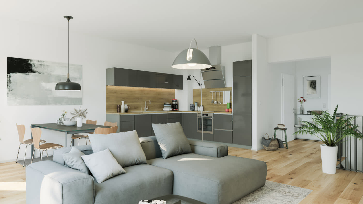 A scandinavian living room interior with a comfy sofa