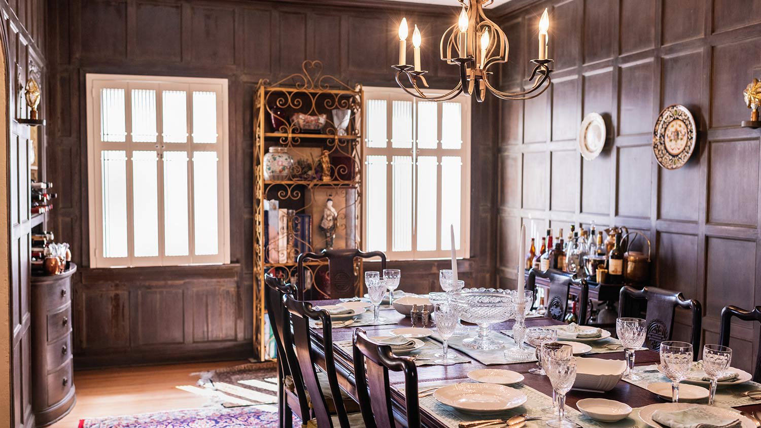 Historic home with chandelier over table