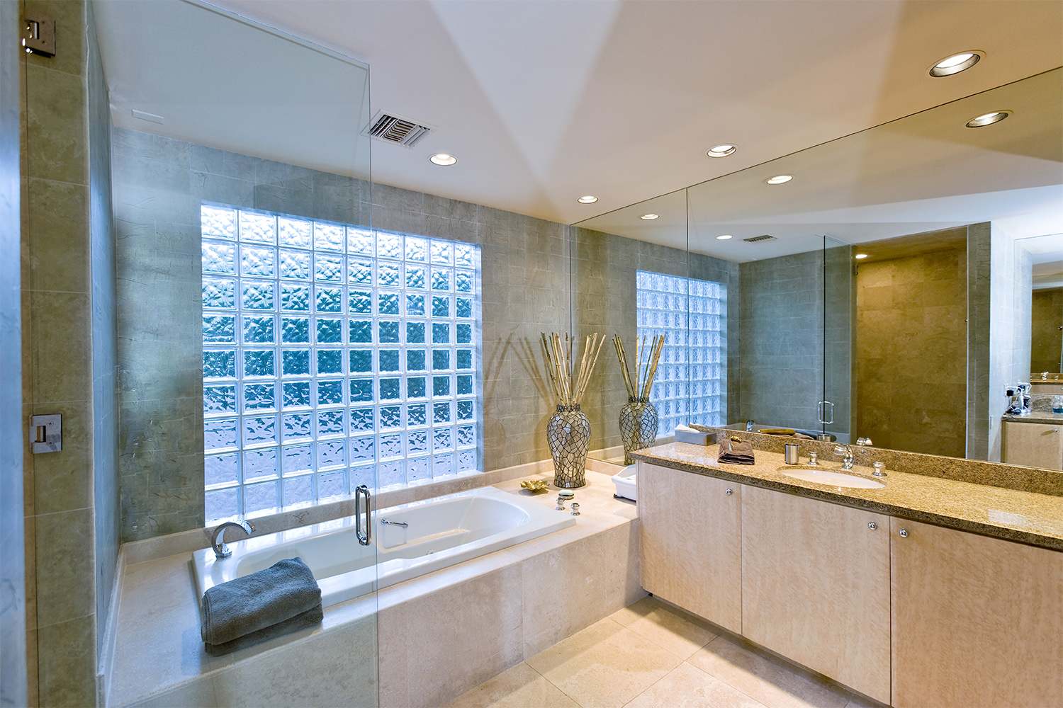 Bathroom with clear glass block window