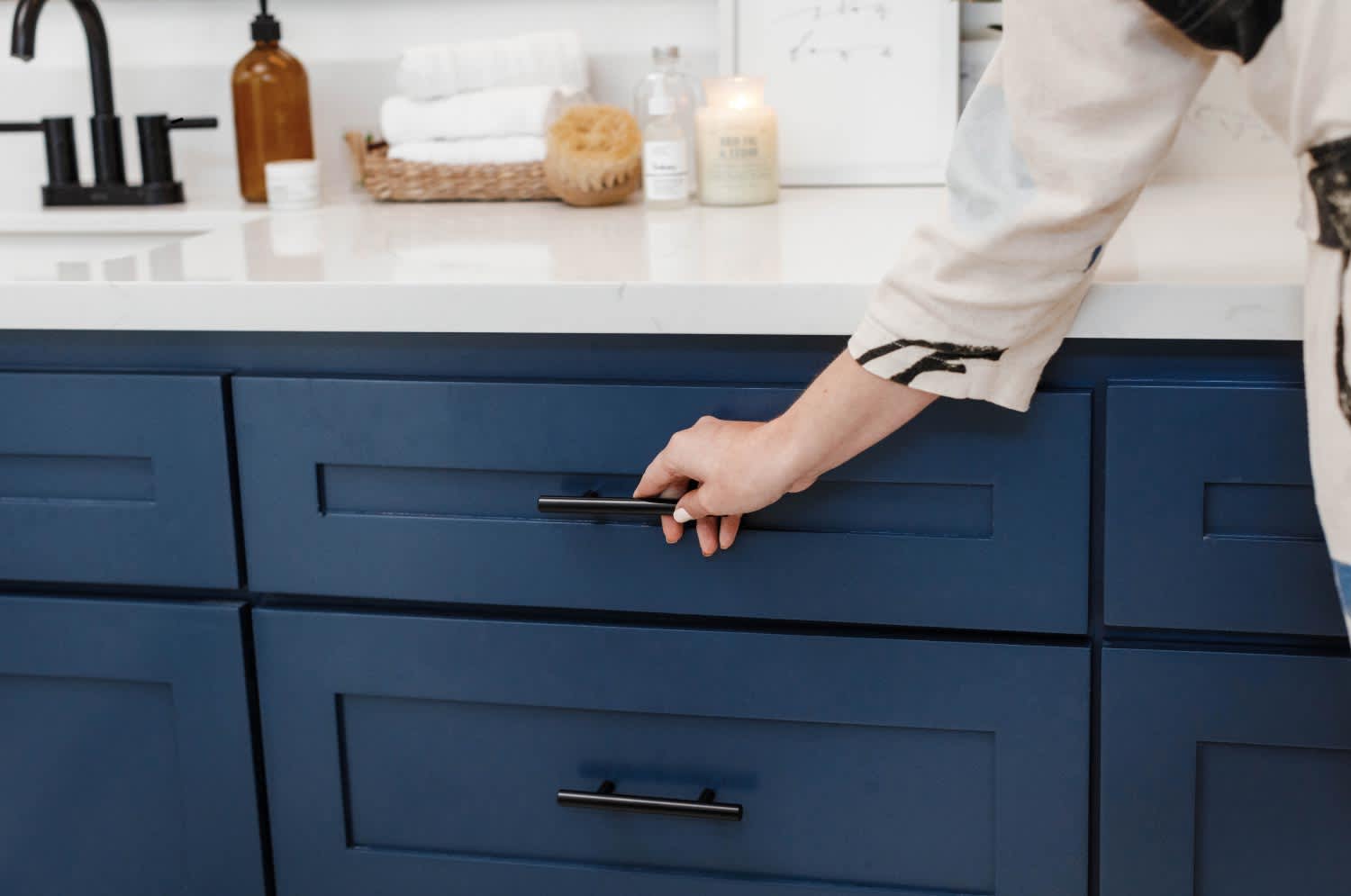 opening navy vanity drawer