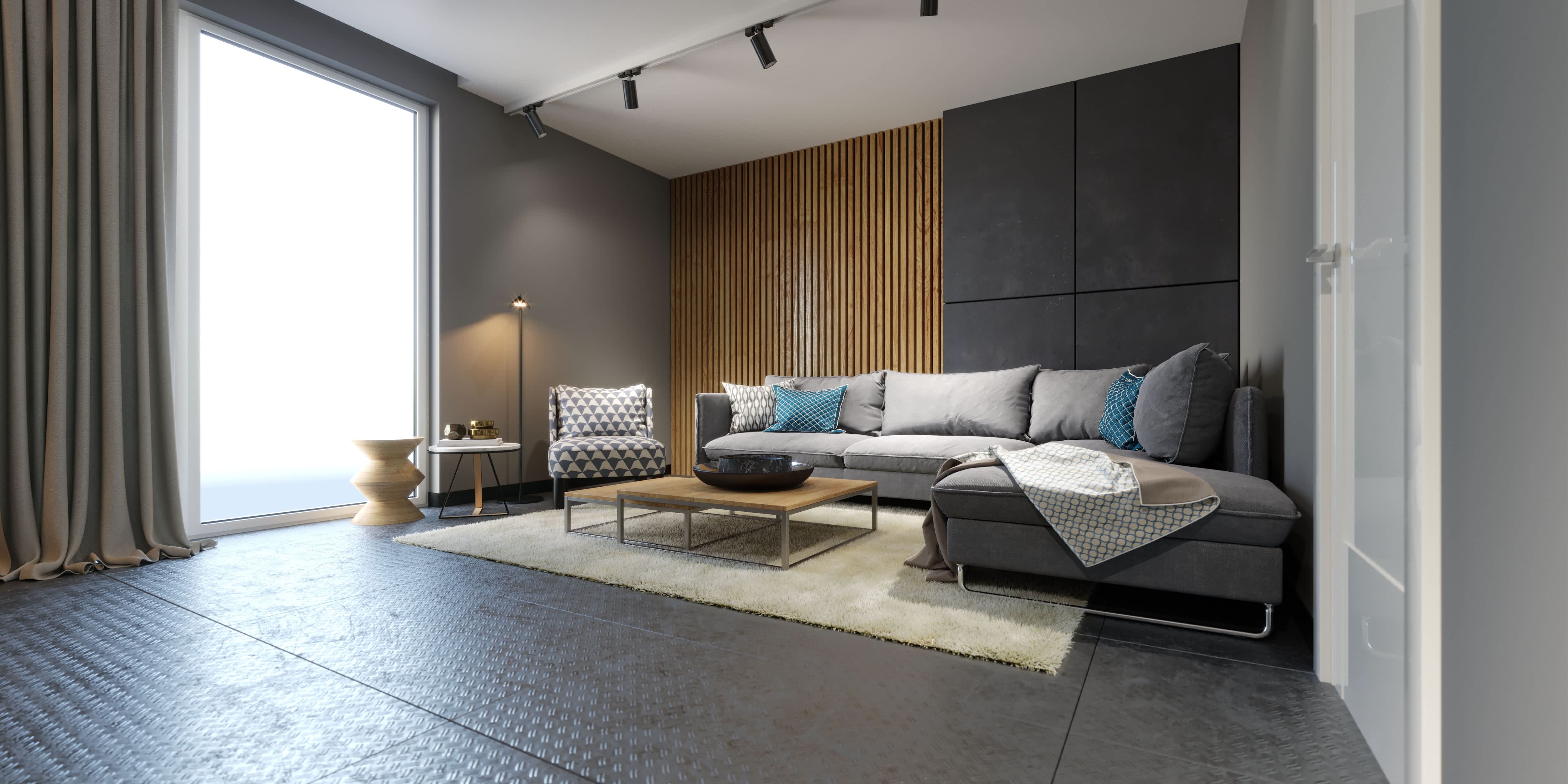 Living room with wooden wall panel, gray tile wall panel, and modern rug