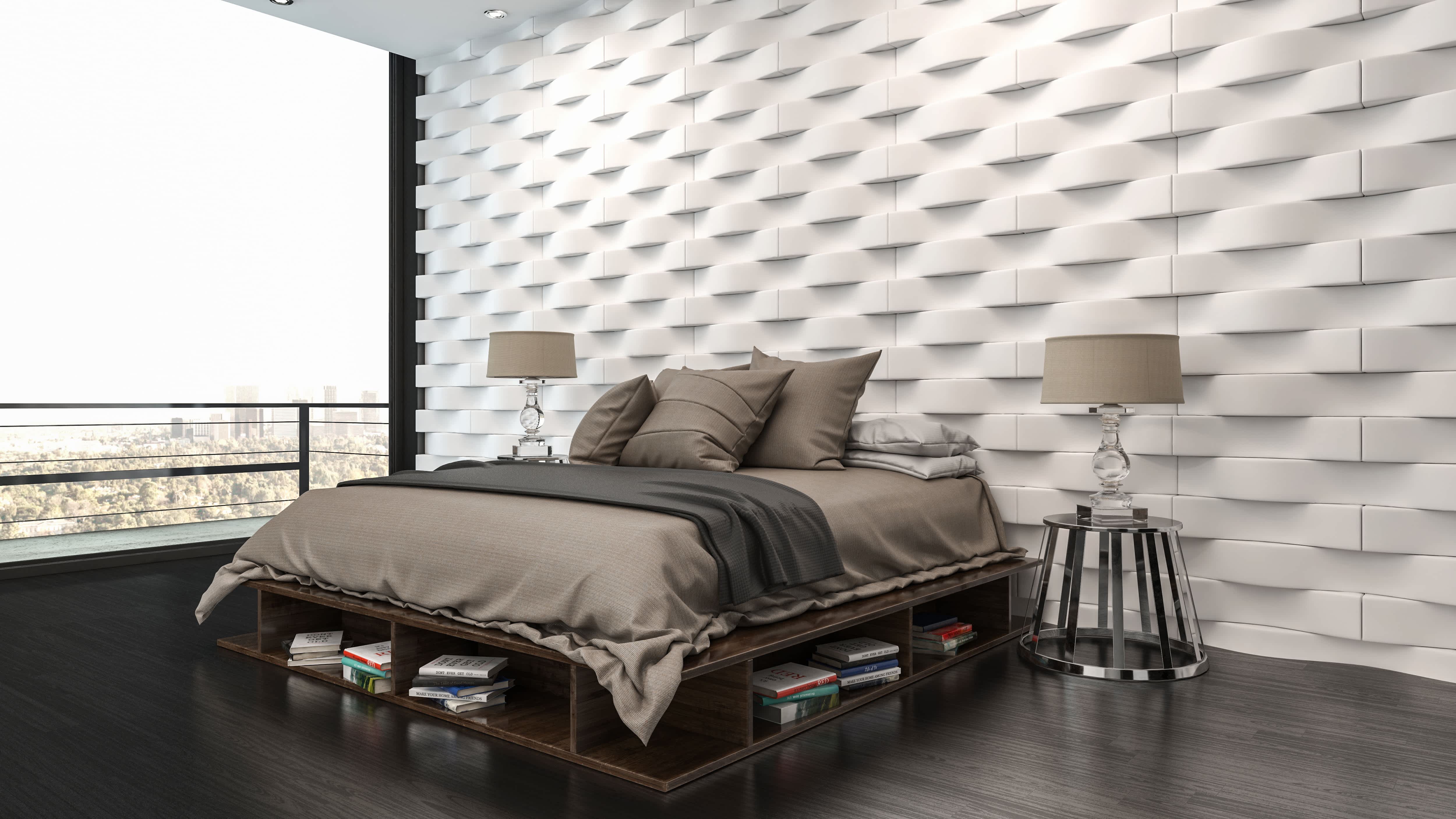 Modern bedroom with white 3D semicircle textured wall and gray bed