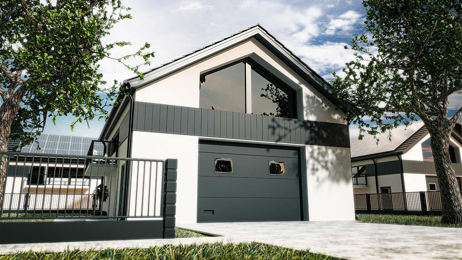 A view of a modern carriage house
