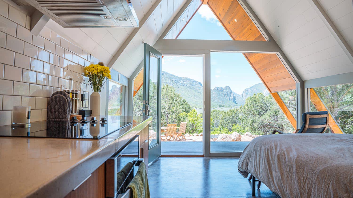 The interior of an A-frame house on a beautiful day