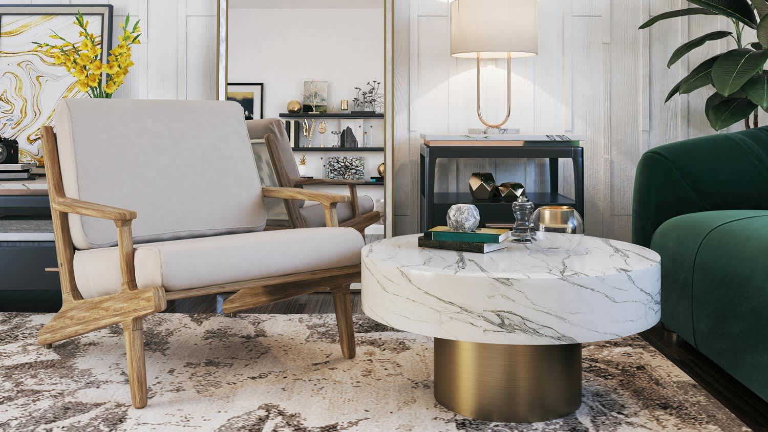 A marble coffee table with golden accents in a living room