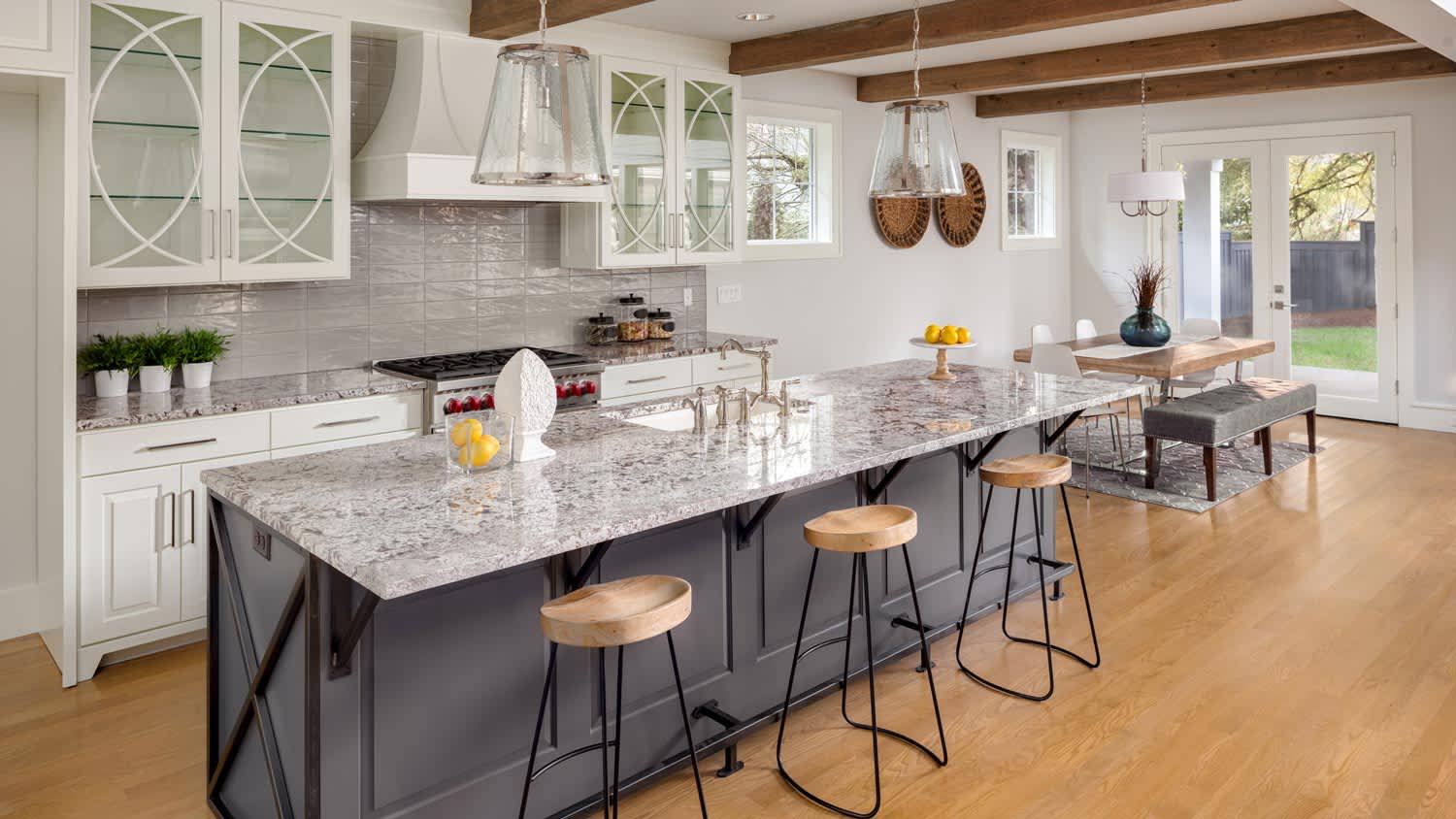 A granite countertop in a kitchen