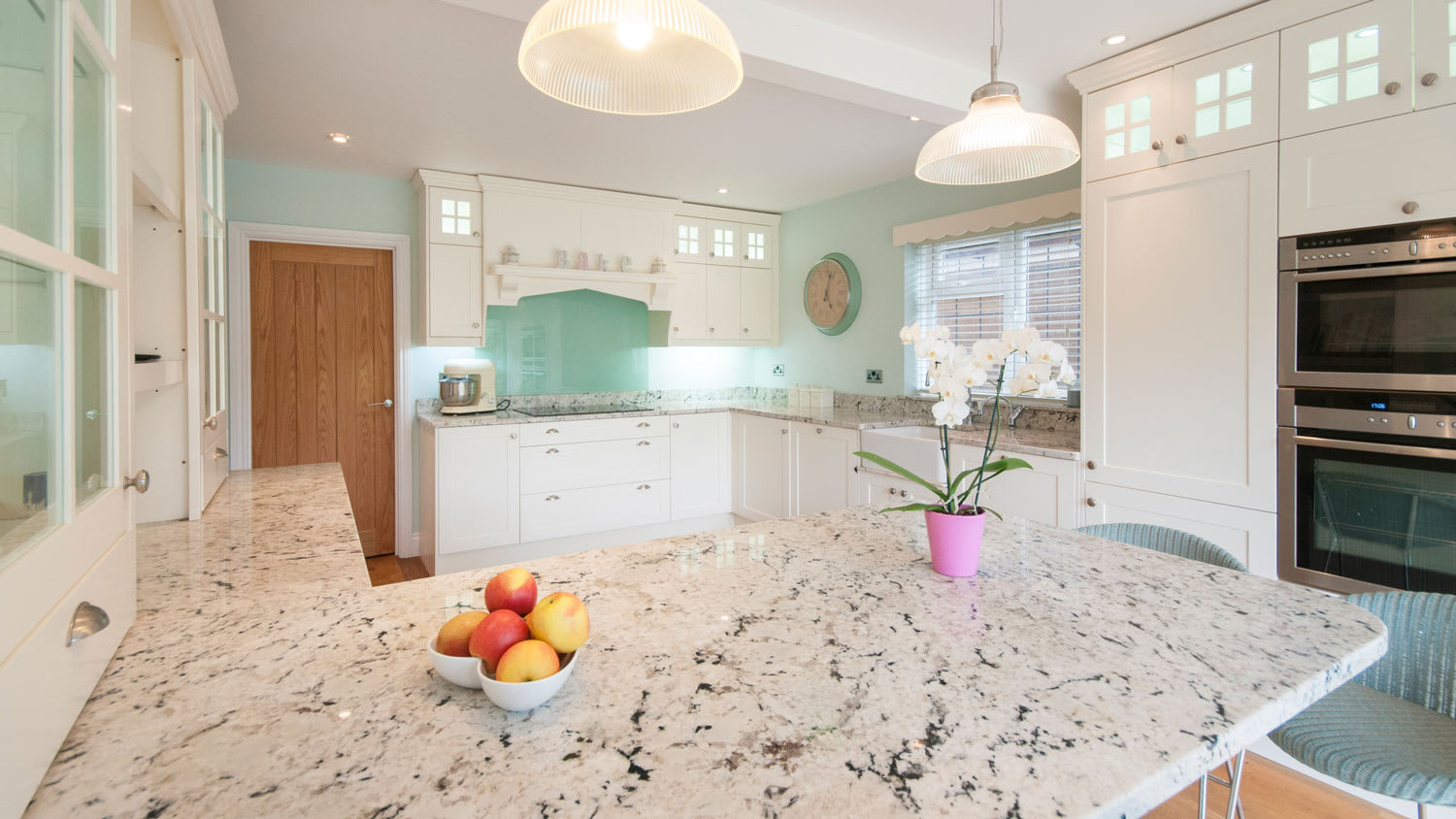 The interior of a kitchen with engineered stone countertop
