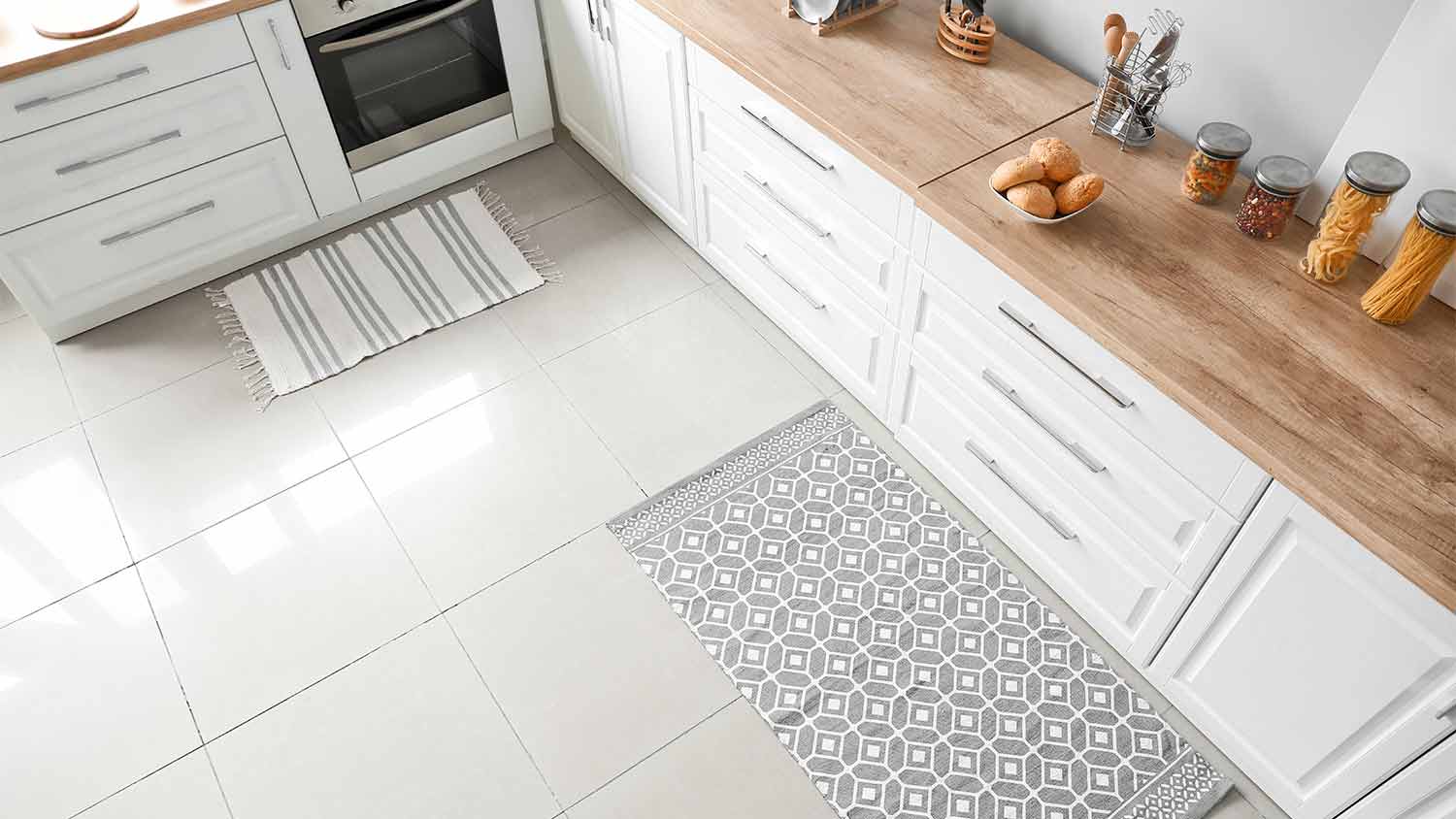 cream color tile in kitchen