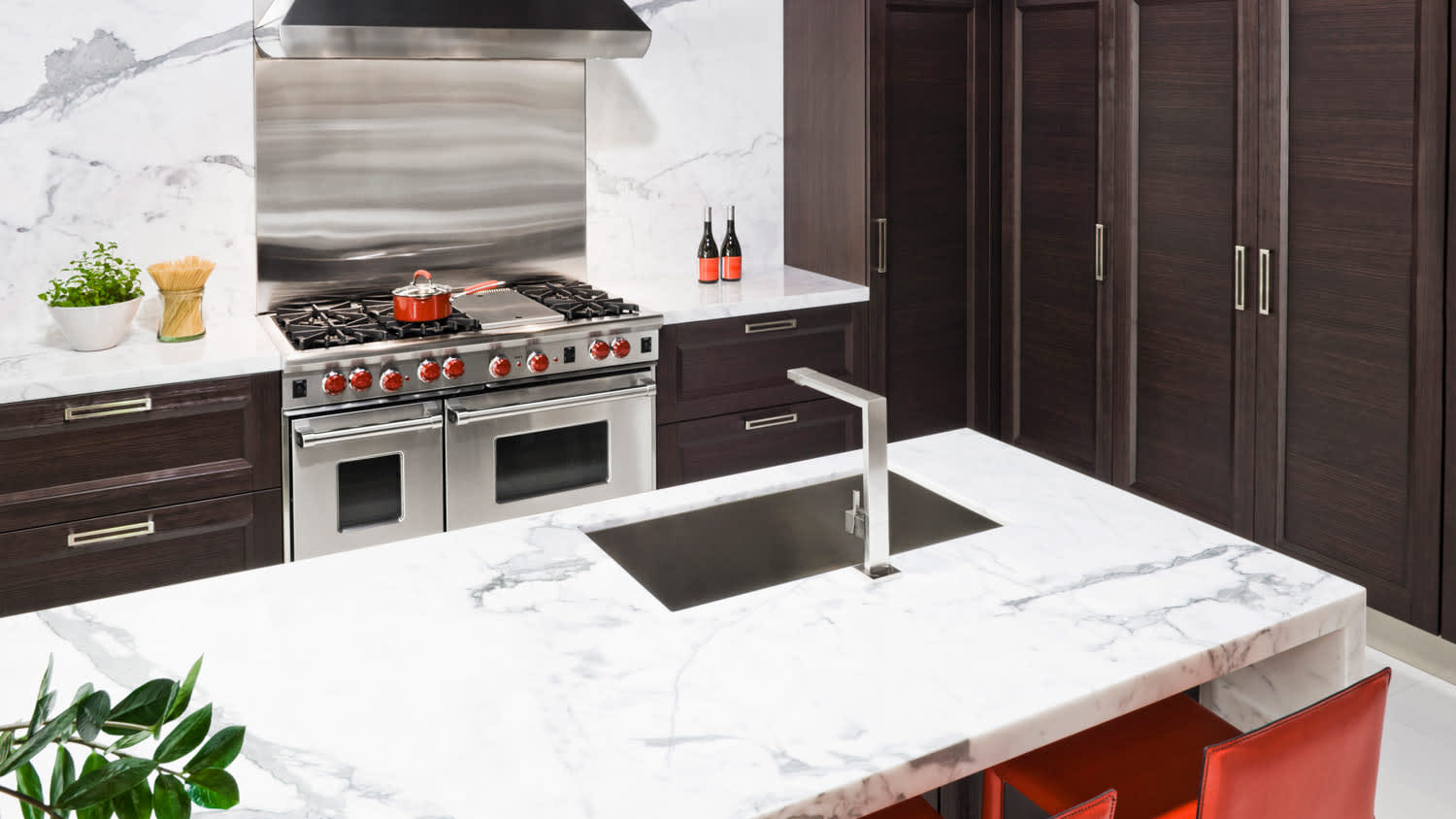 The marble countertop of a modern kitchen
