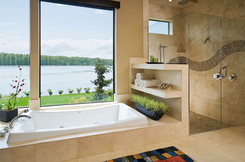 Modern, luxury bathroom with a jet tub
