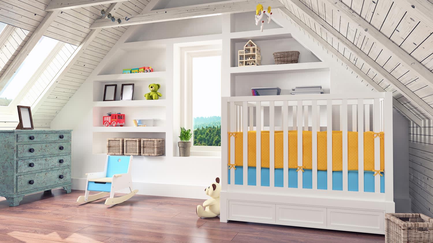 An attic nursery with no floor lamps