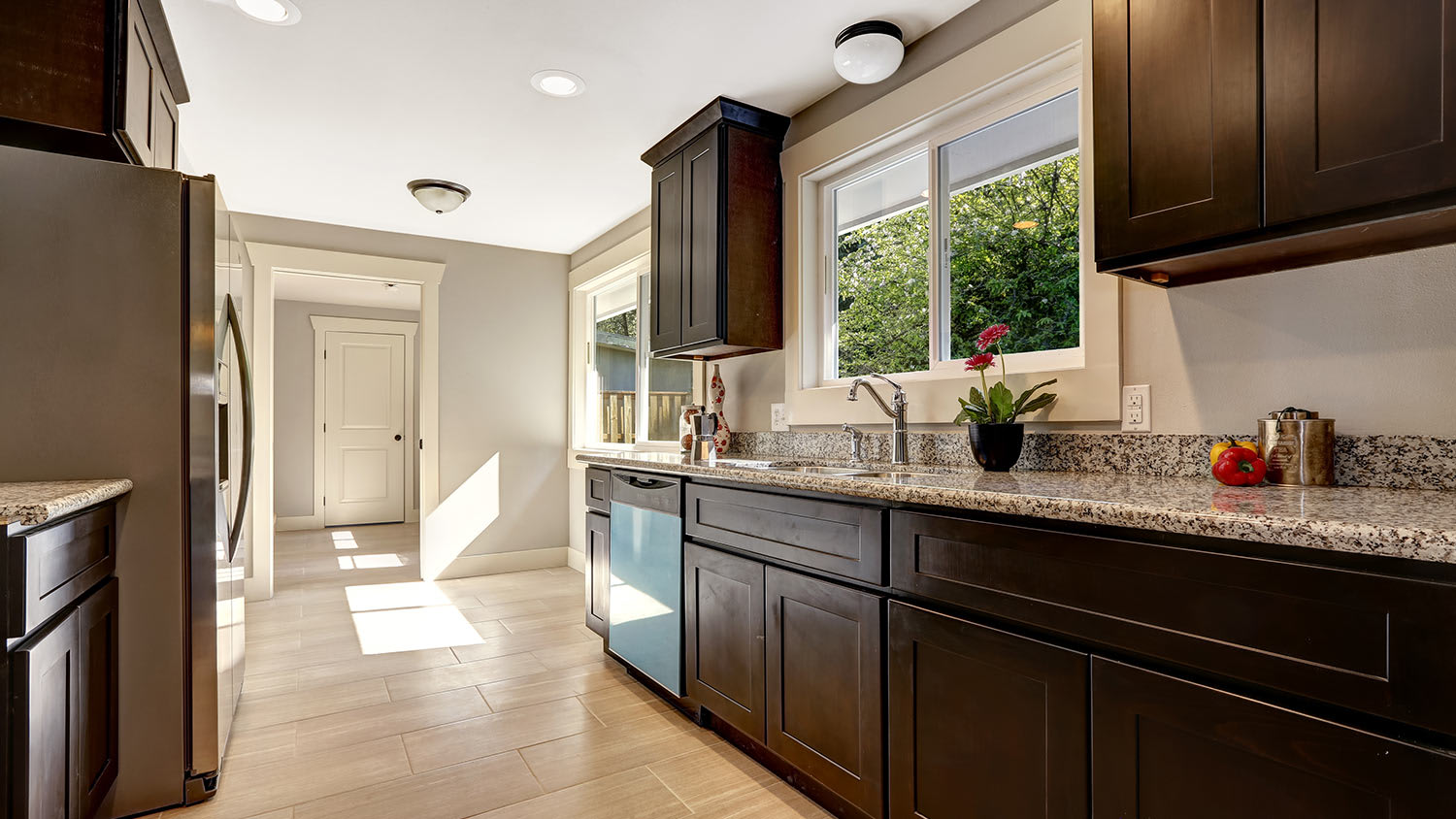 Modern kitchen interior with stained cabinets
