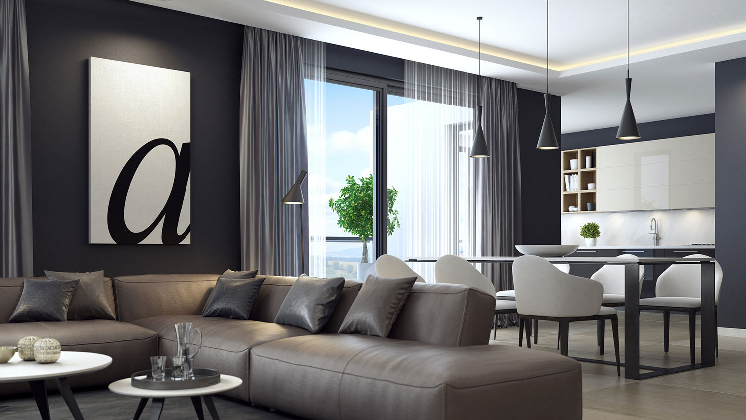 Apartment living room with a black accent wall