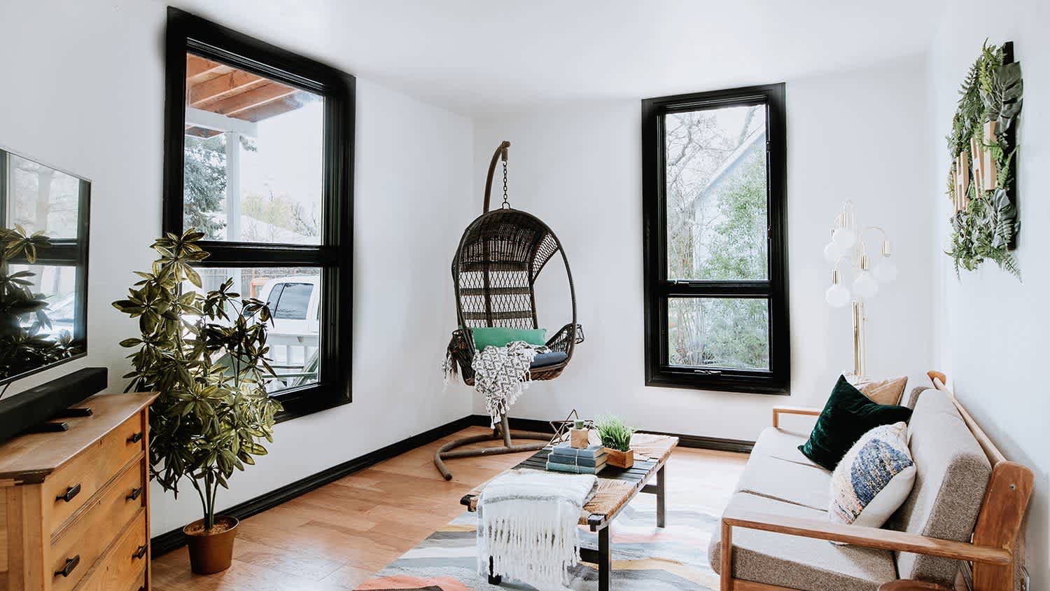 Bright living room with black trim