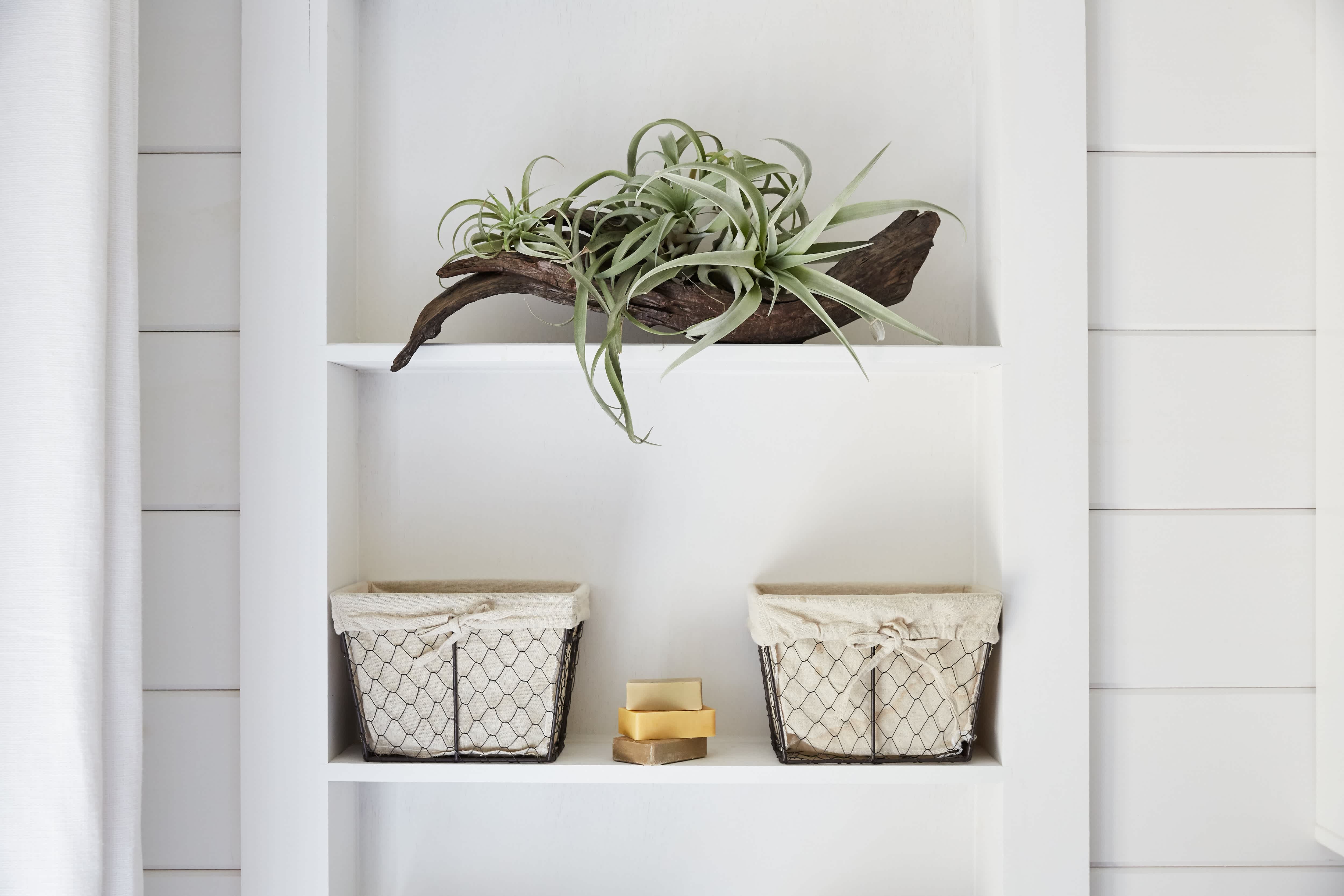 Rustic farmhouse style powder room with plants and baskets on white built-in shelving